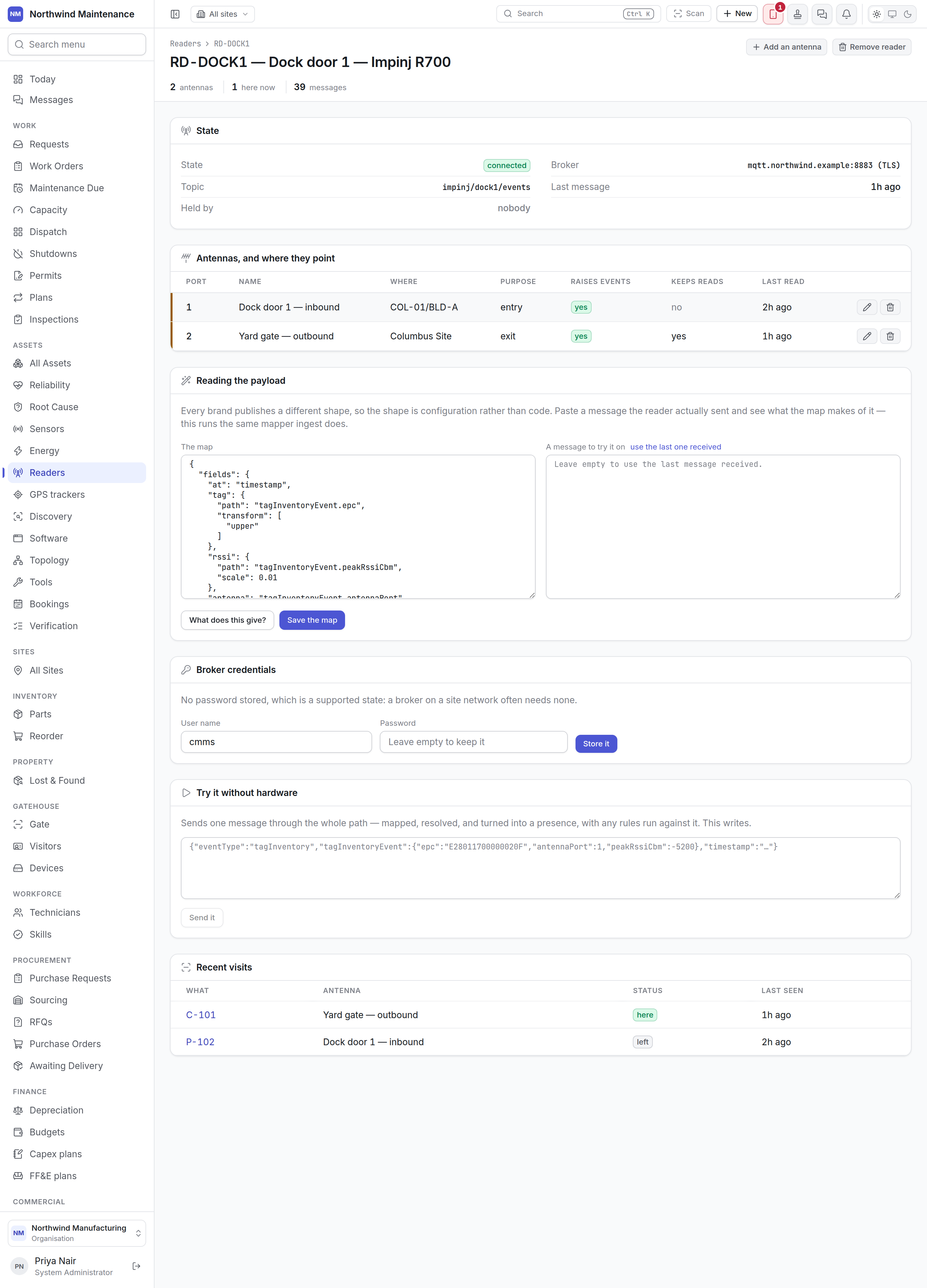 A reader subscribed over MQTT: its state, antennas, payload map, broker credentials and recent visits