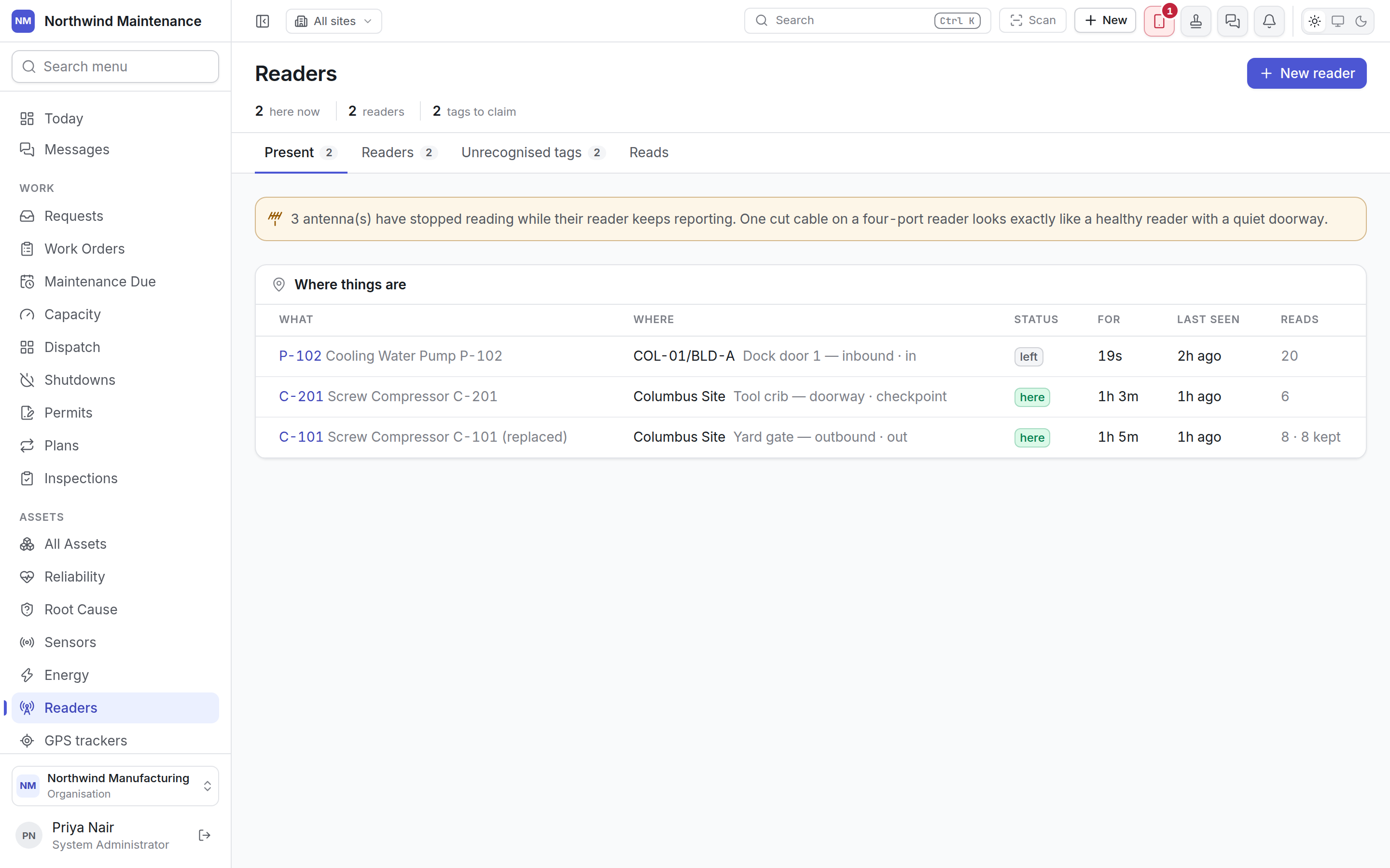 The Readers screen on its Present tab, listing where tagged assets are