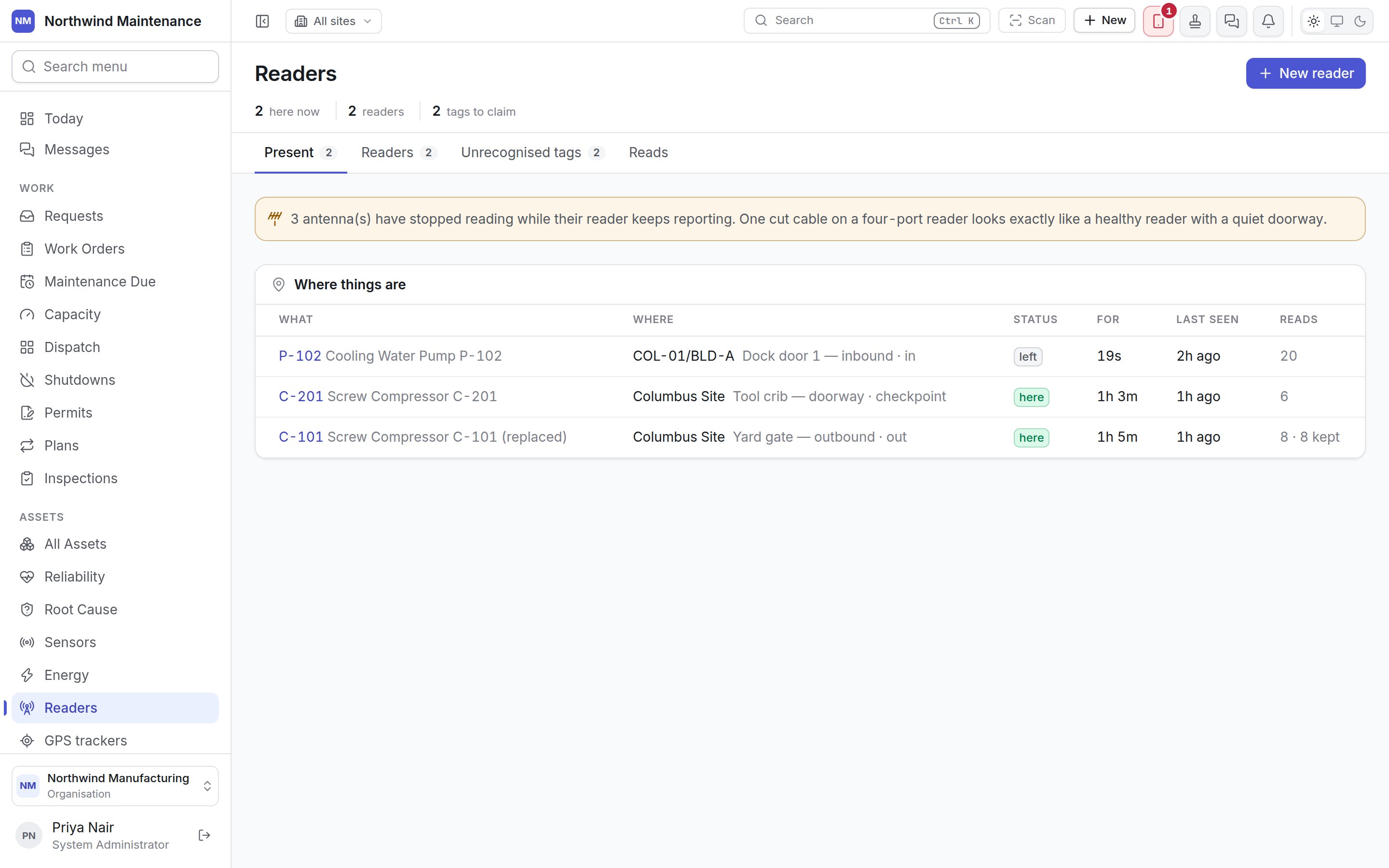 The Readers screen on its Present tab, listing where tagged assets are