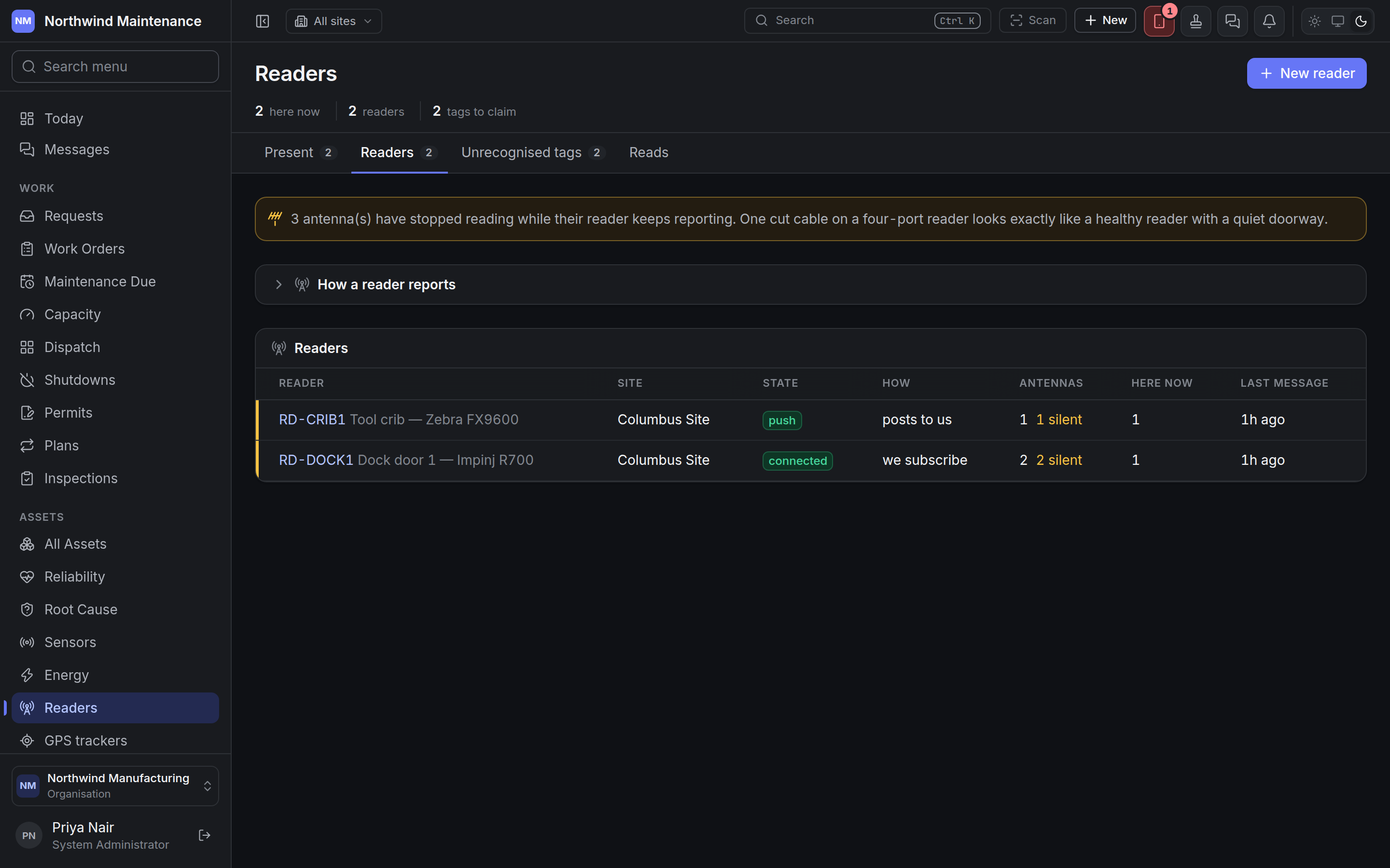 The Readers tab listing two readers, one subscribed over MQTT and one that posts to the system