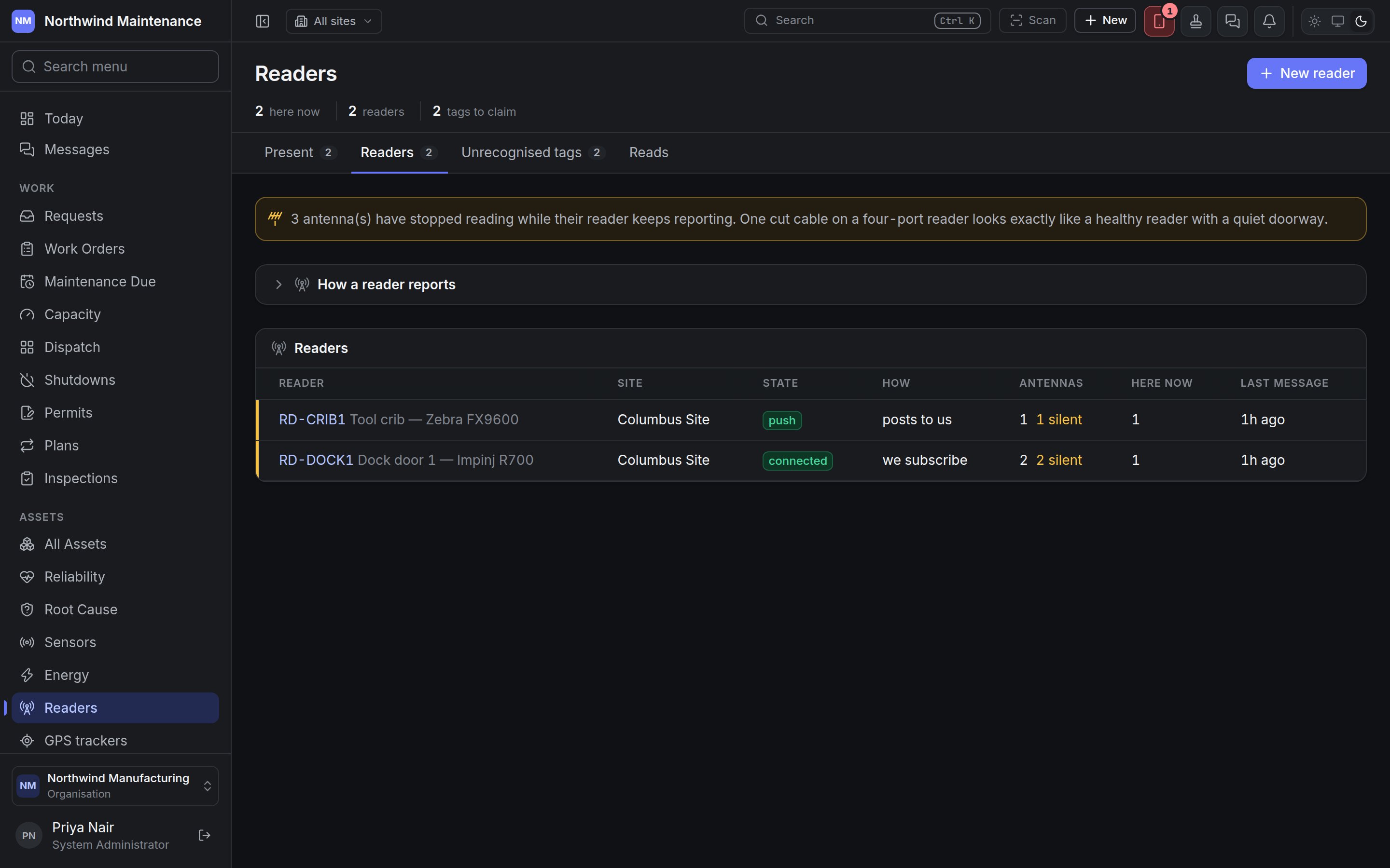 The Readers tab listing two readers, one subscribed over MQTT and one that posts to the system