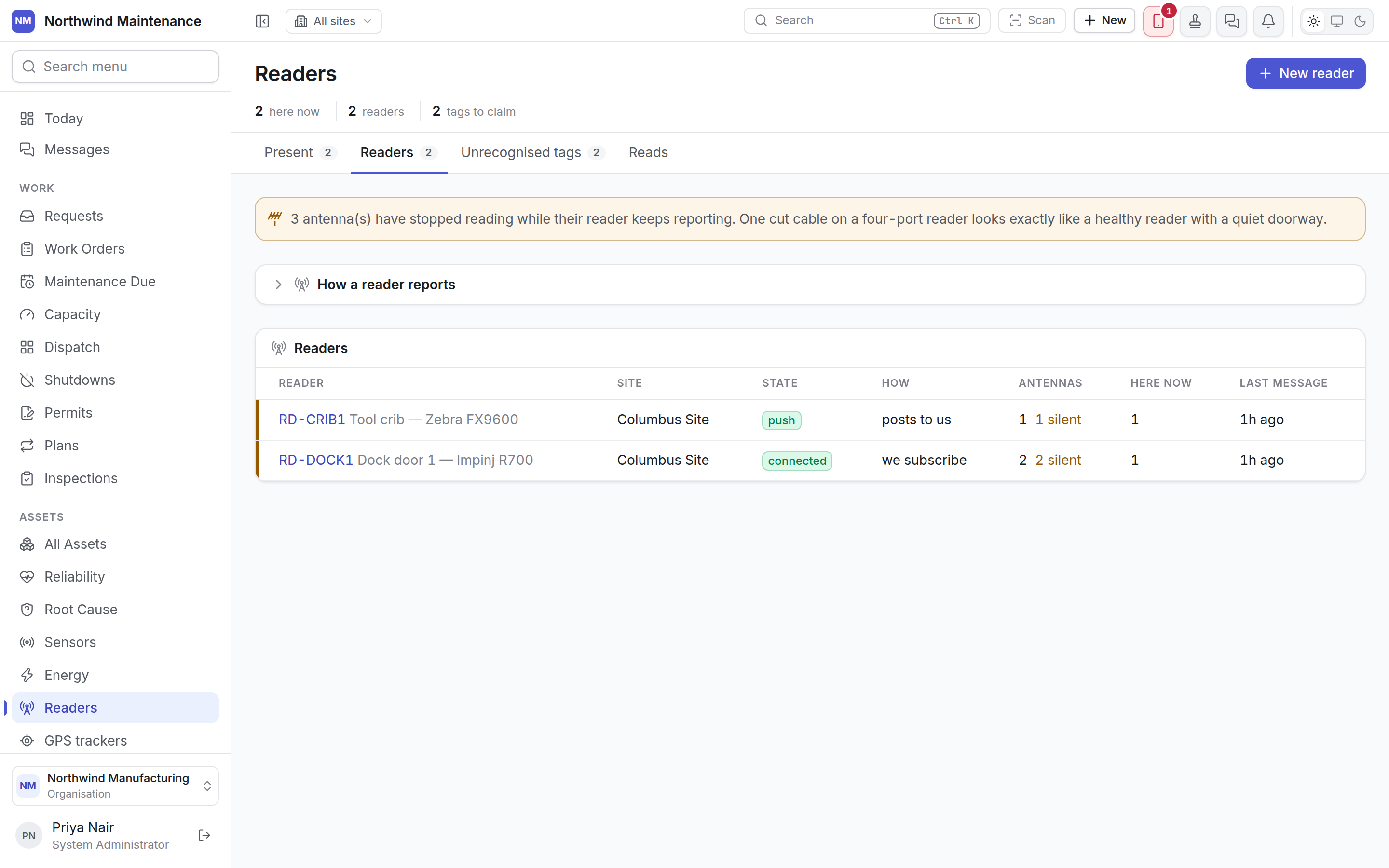 The Readers tab listing two readers, one subscribed over MQTT and one that posts to the system