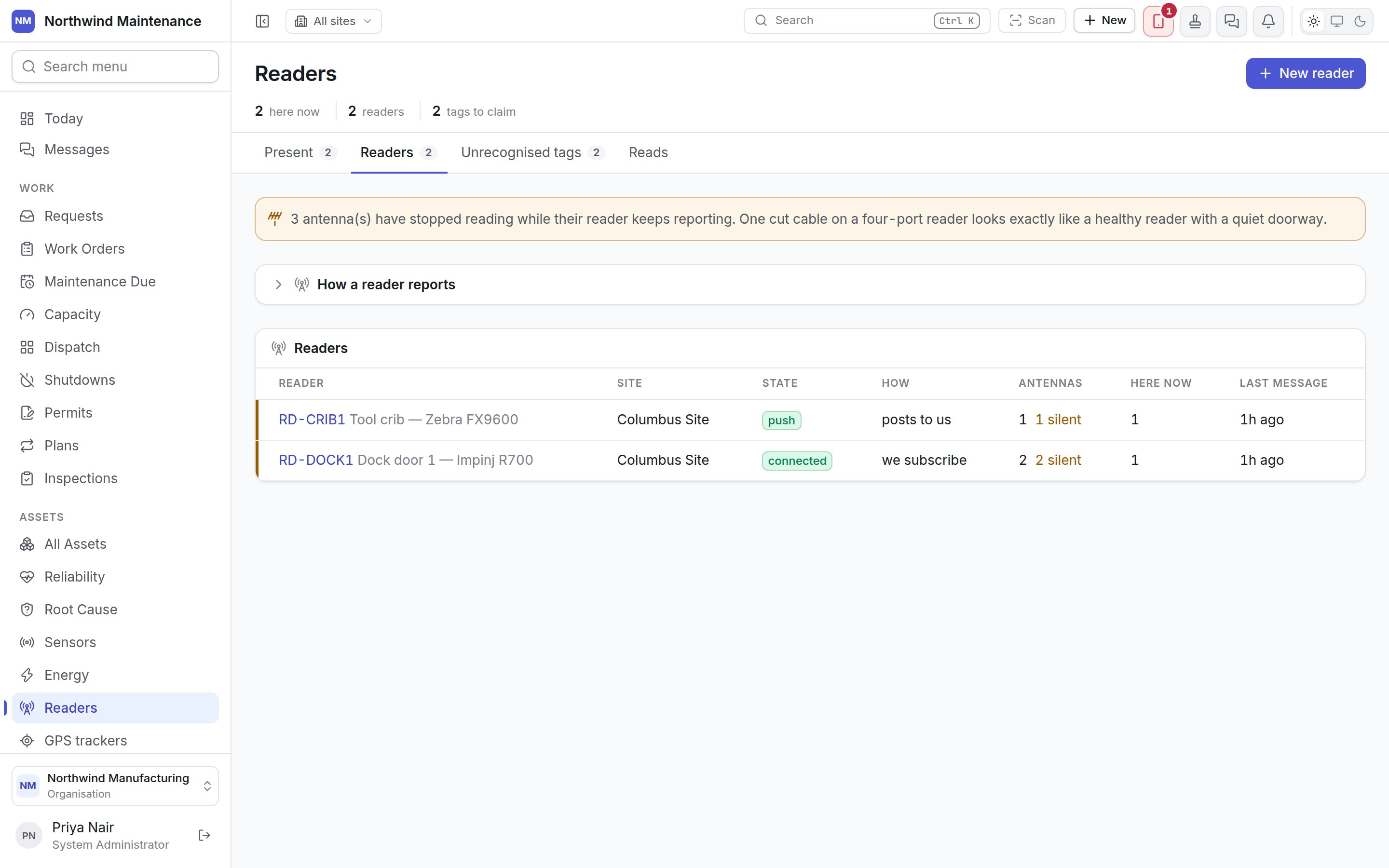 The Readers tab listing two readers, one subscribed over MQTT and one that posts to the system