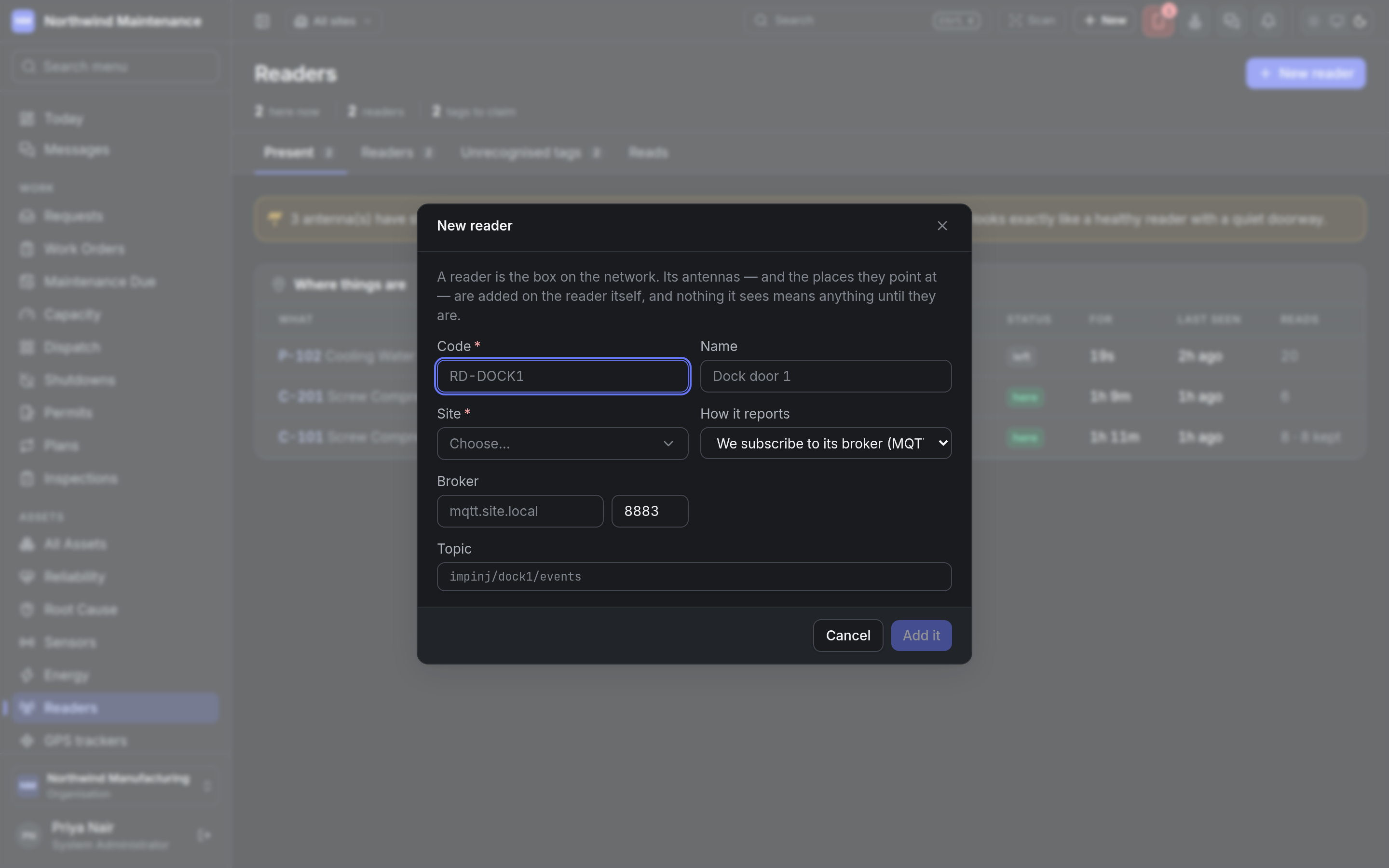 The New reader dialog