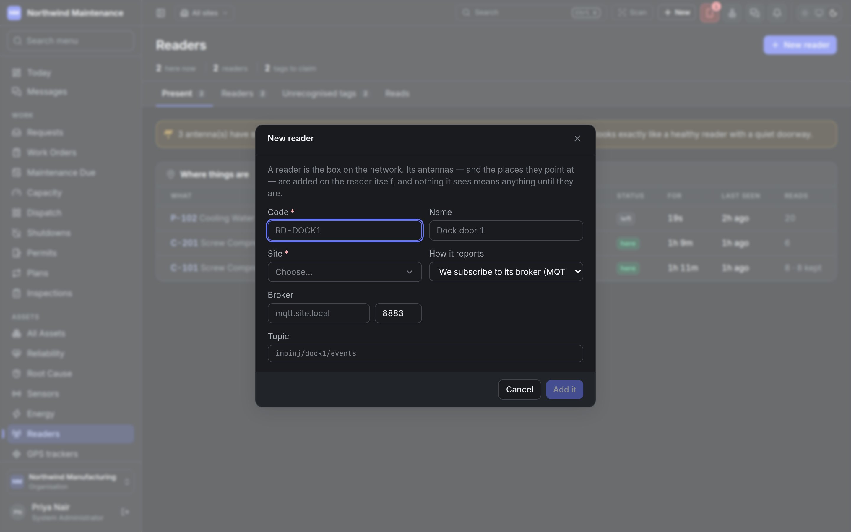 The New reader dialog