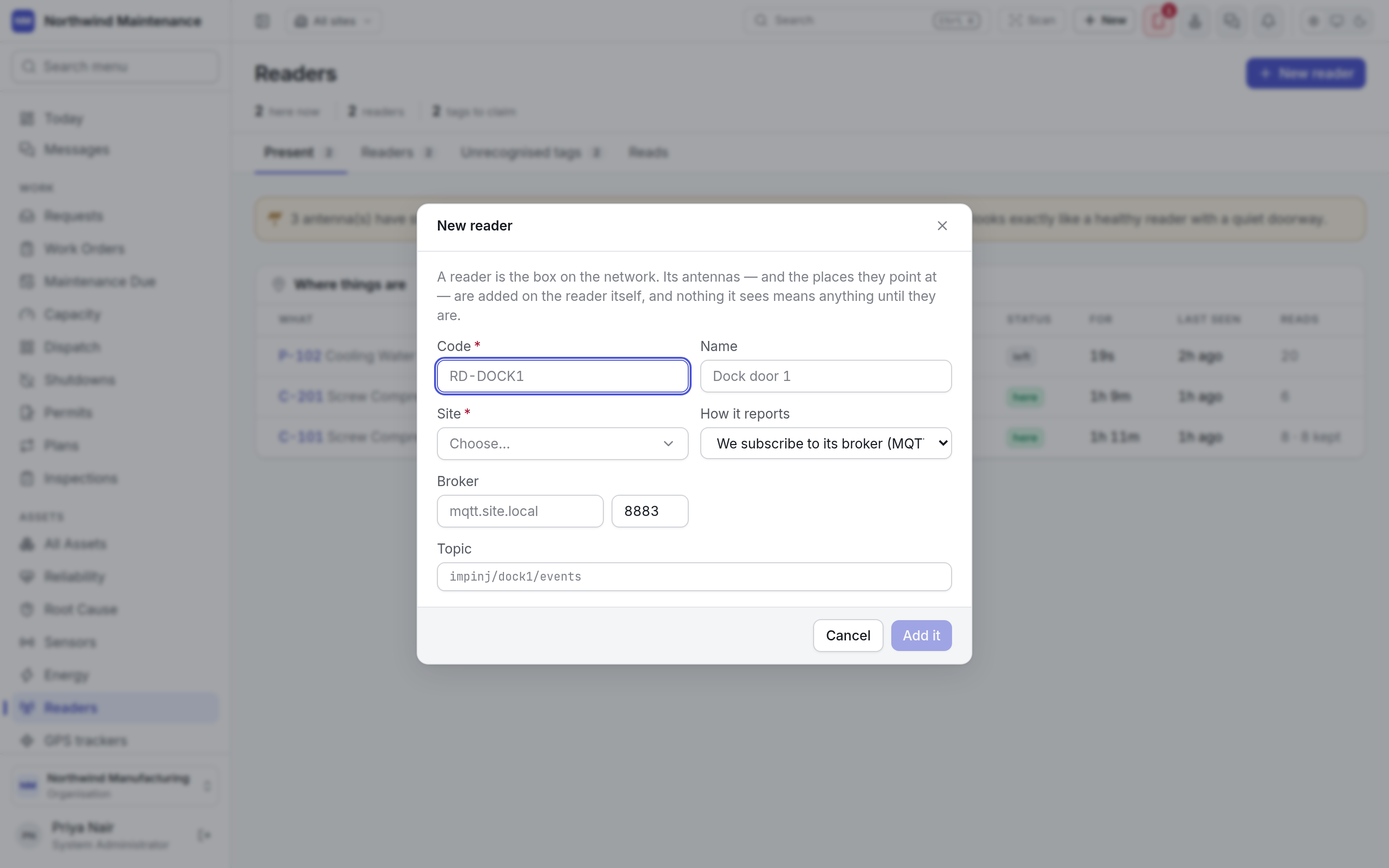 The New reader dialog