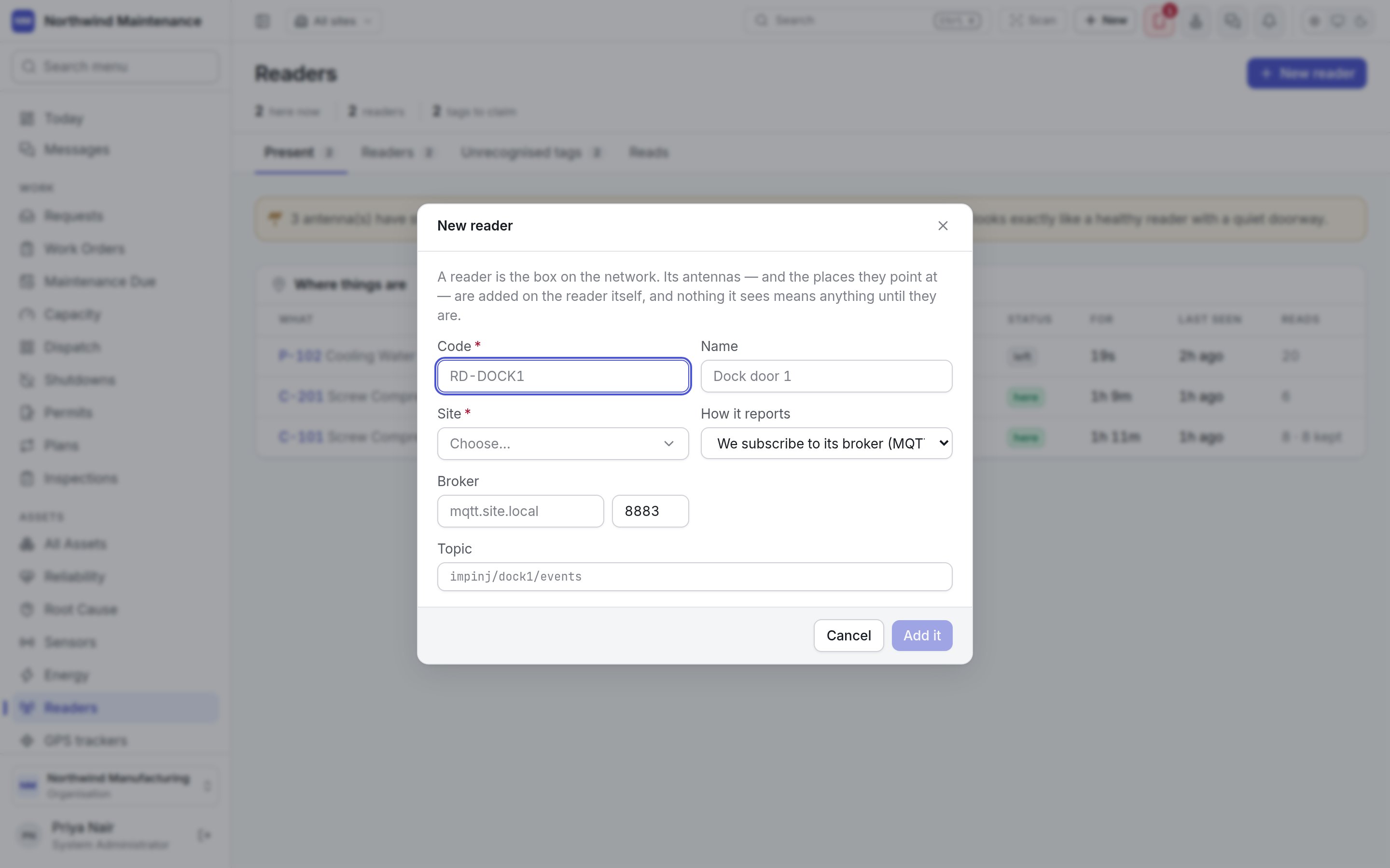 The New reader dialog