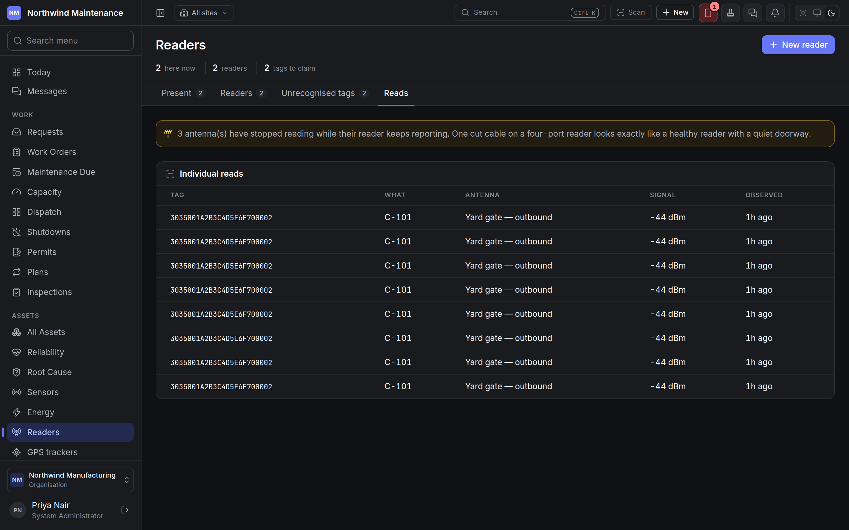 The Reads tab listing individual reads from one antenna