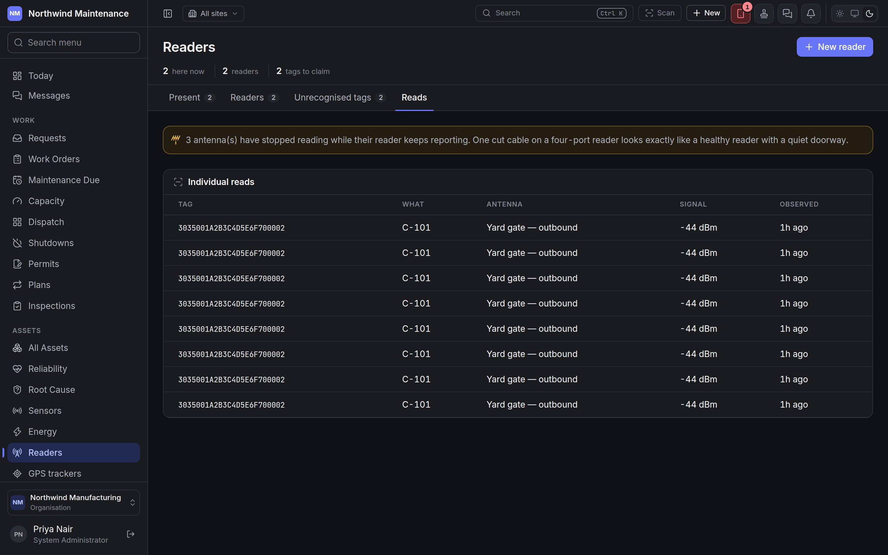 The Reads tab listing individual reads from one antenna