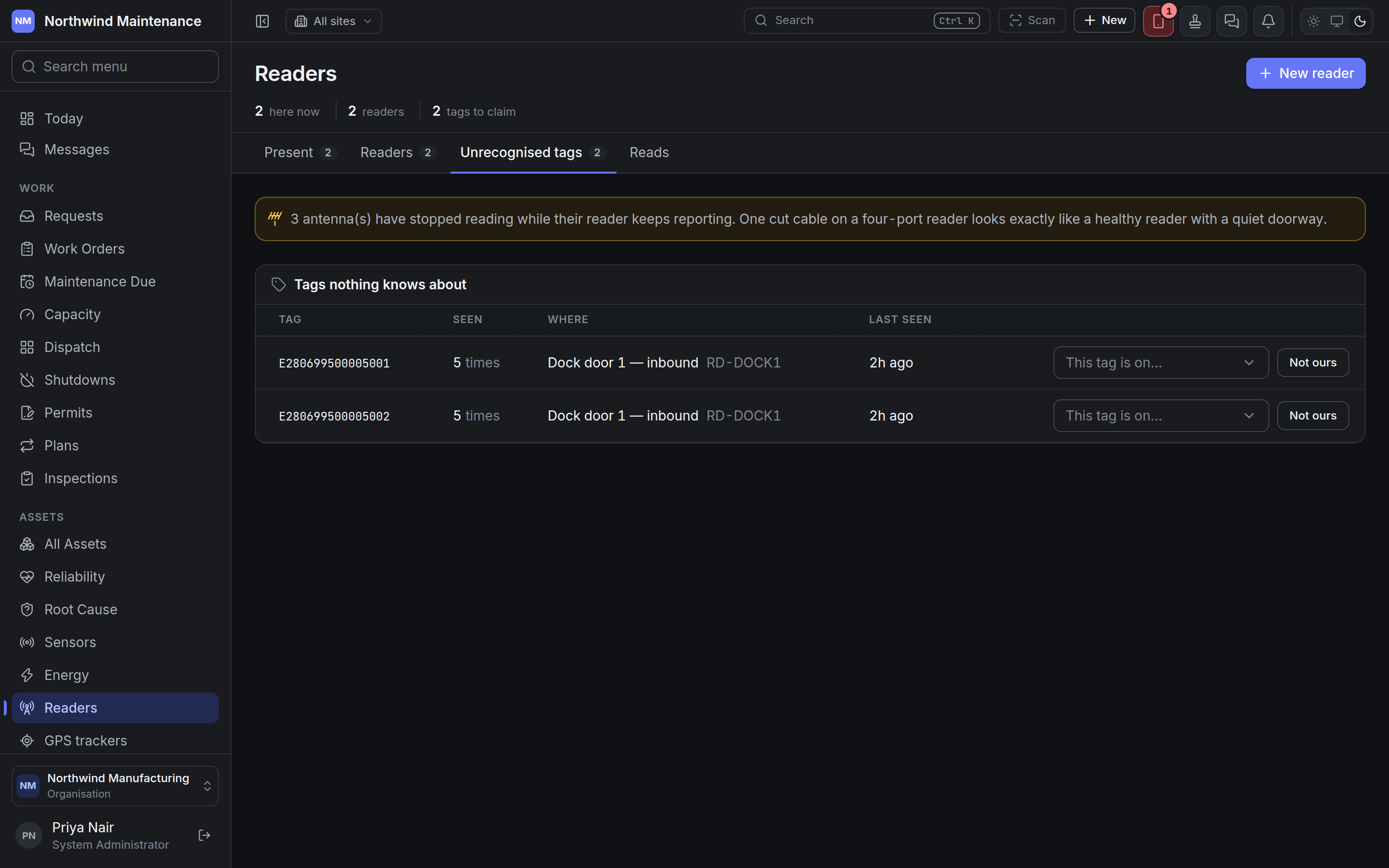Tags nothing knows about, each with a picker to say which asset it is on