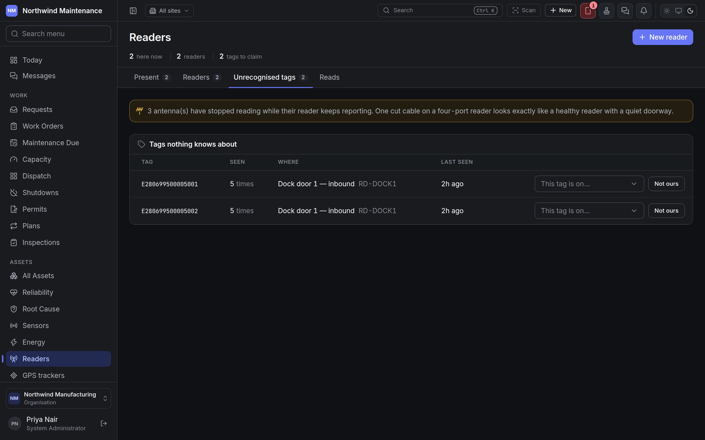 Tags nothing knows about, each with a picker to say which asset it is on