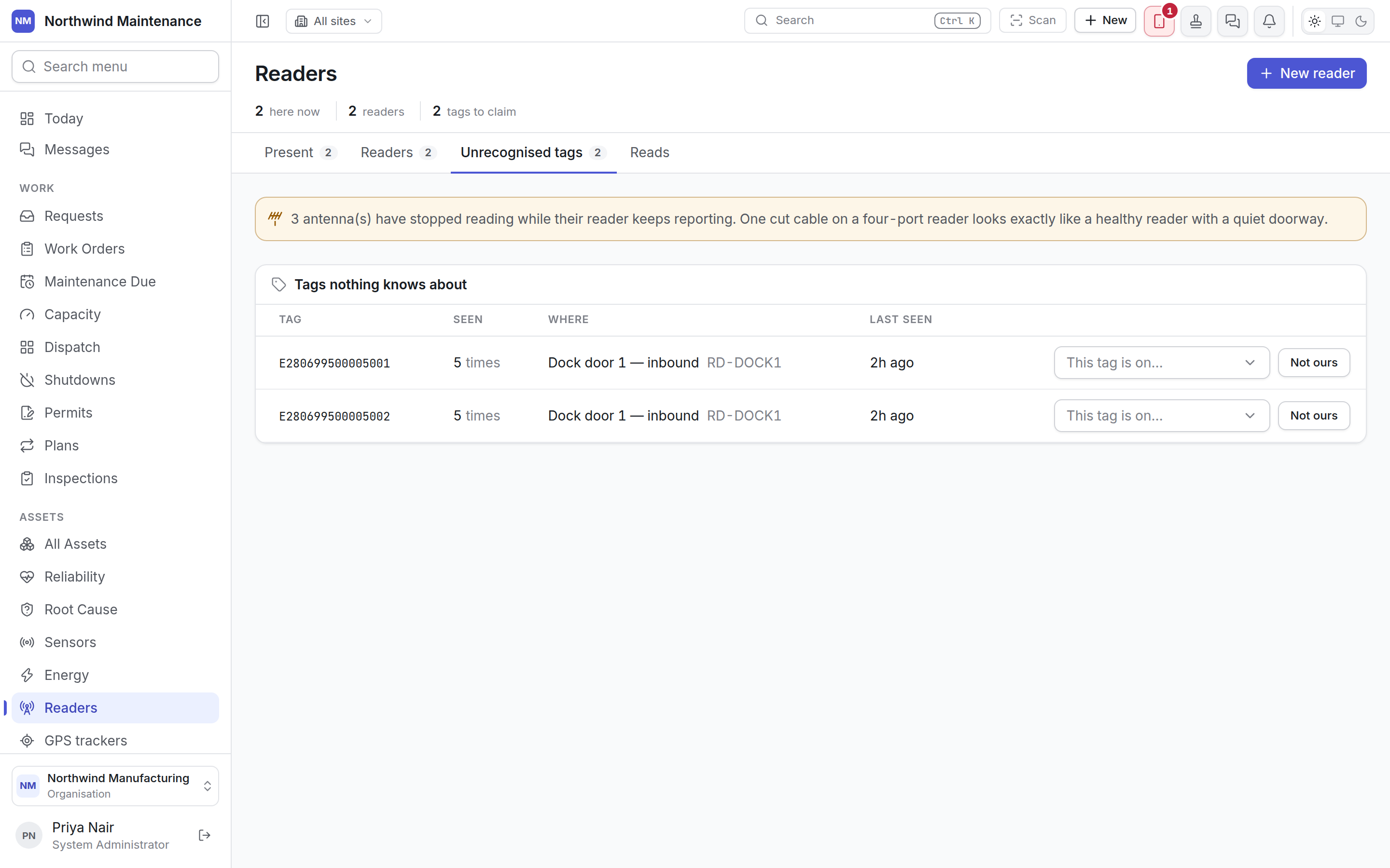 Tags nothing knows about, each with a picker to say which asset it is on