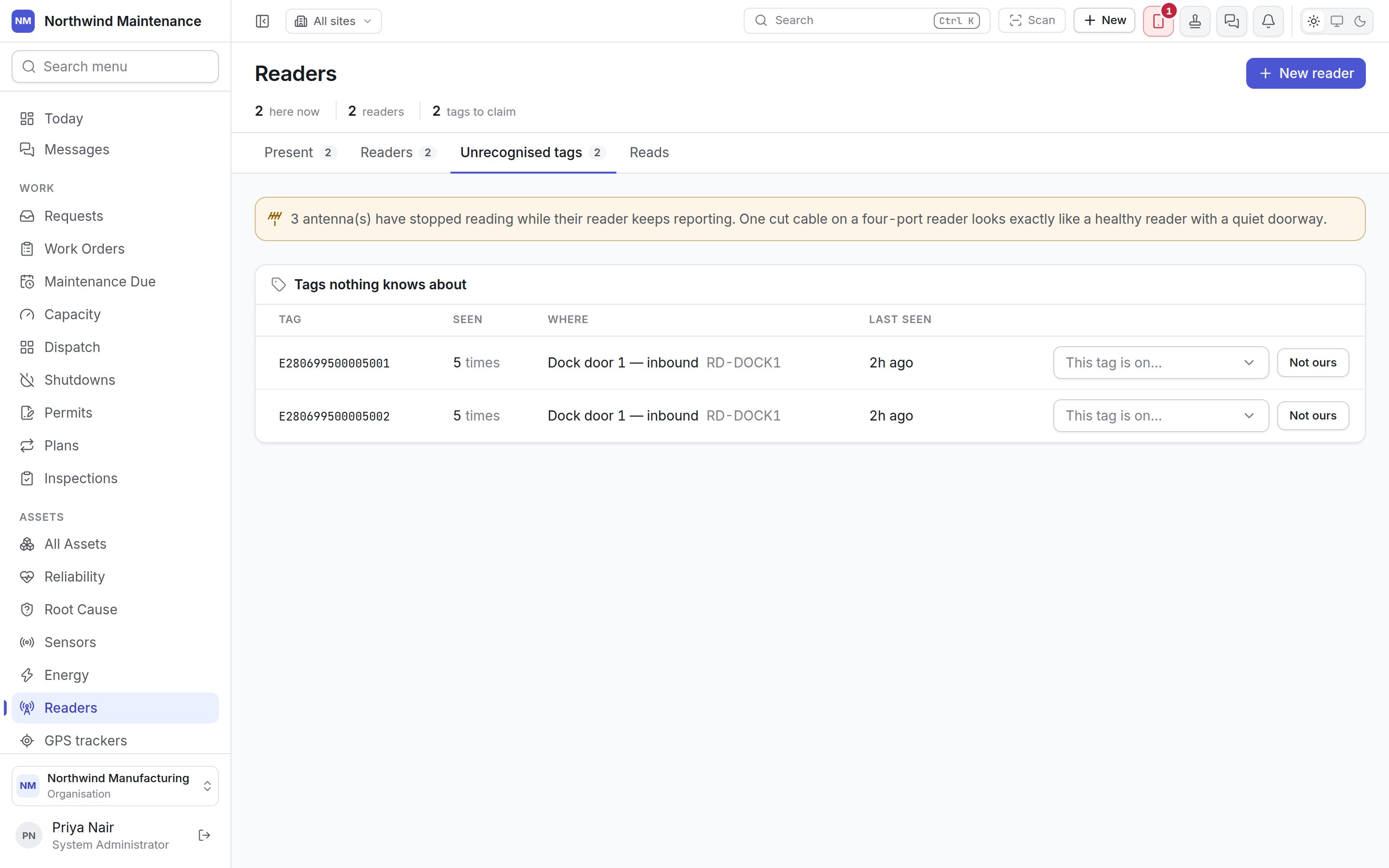 Tags nothing knows about, each with a picker to say which asset it is on