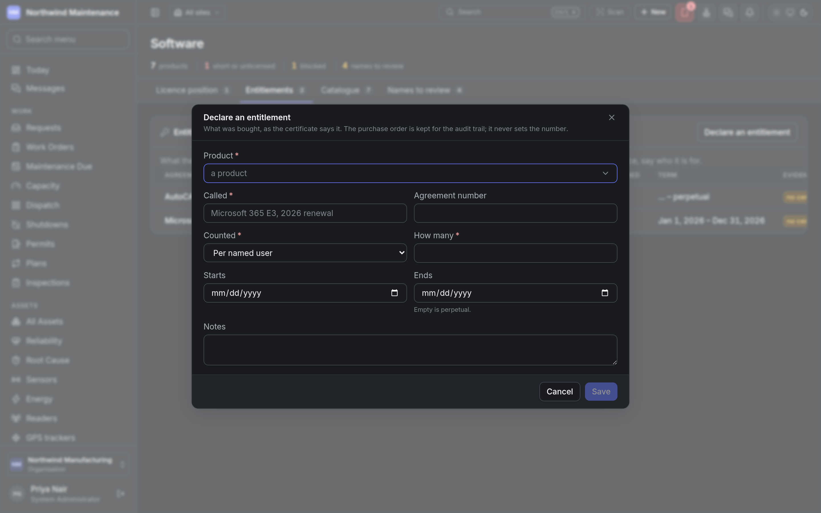 The Declare an entitlement dialog