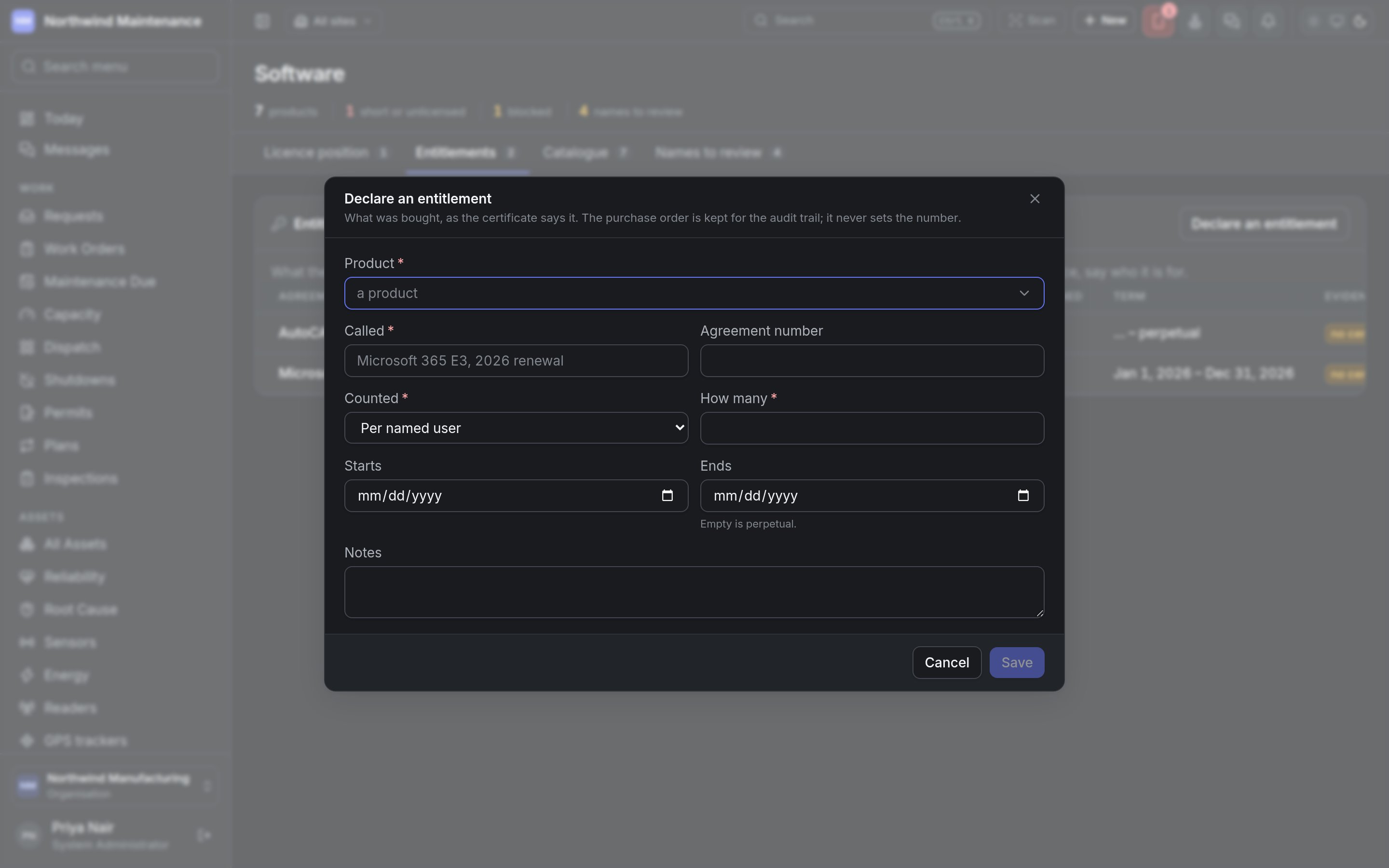 The Declare an entitlement dialog