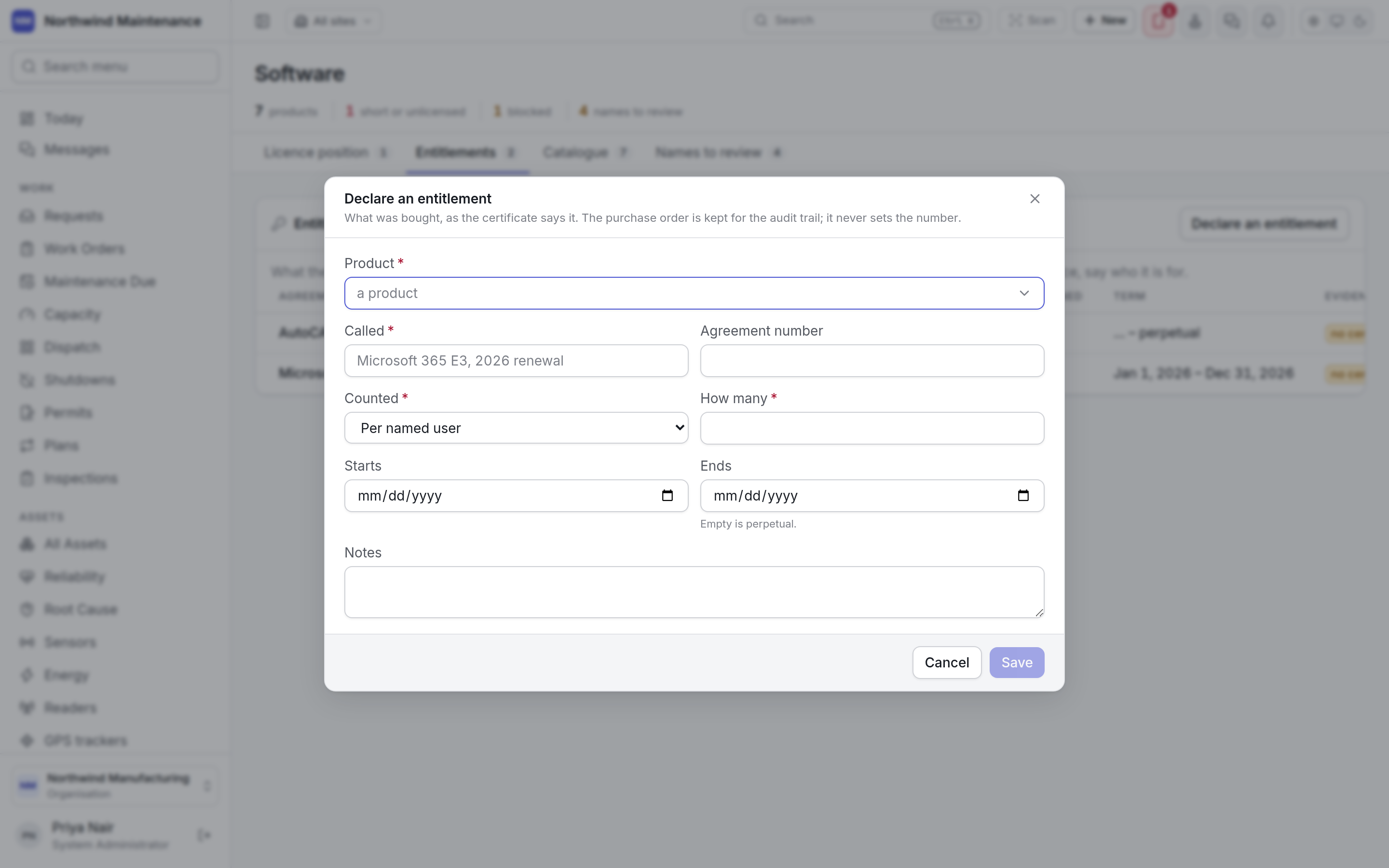 The Declare an entitlement dialog