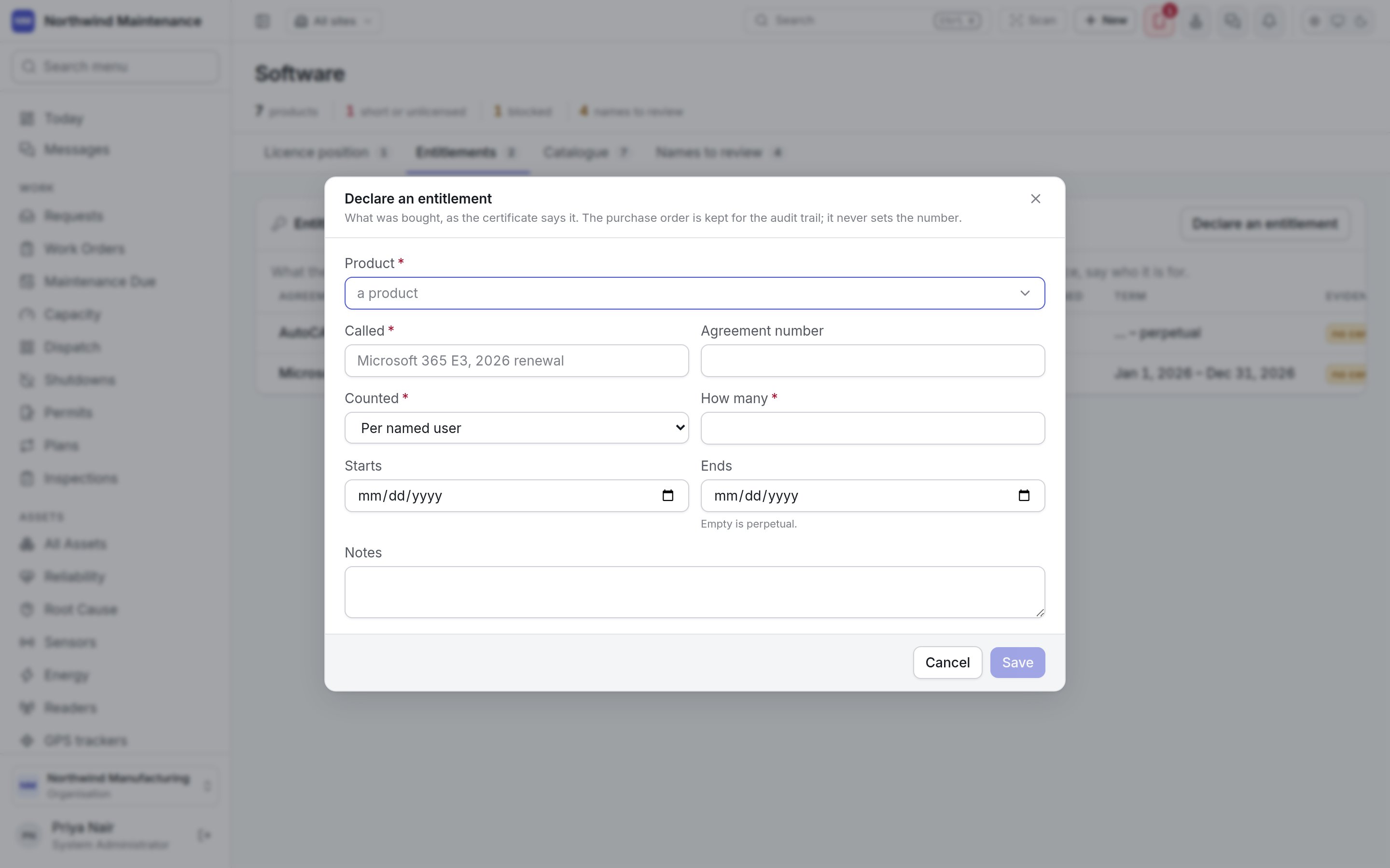 The Declare an entitlement dialog