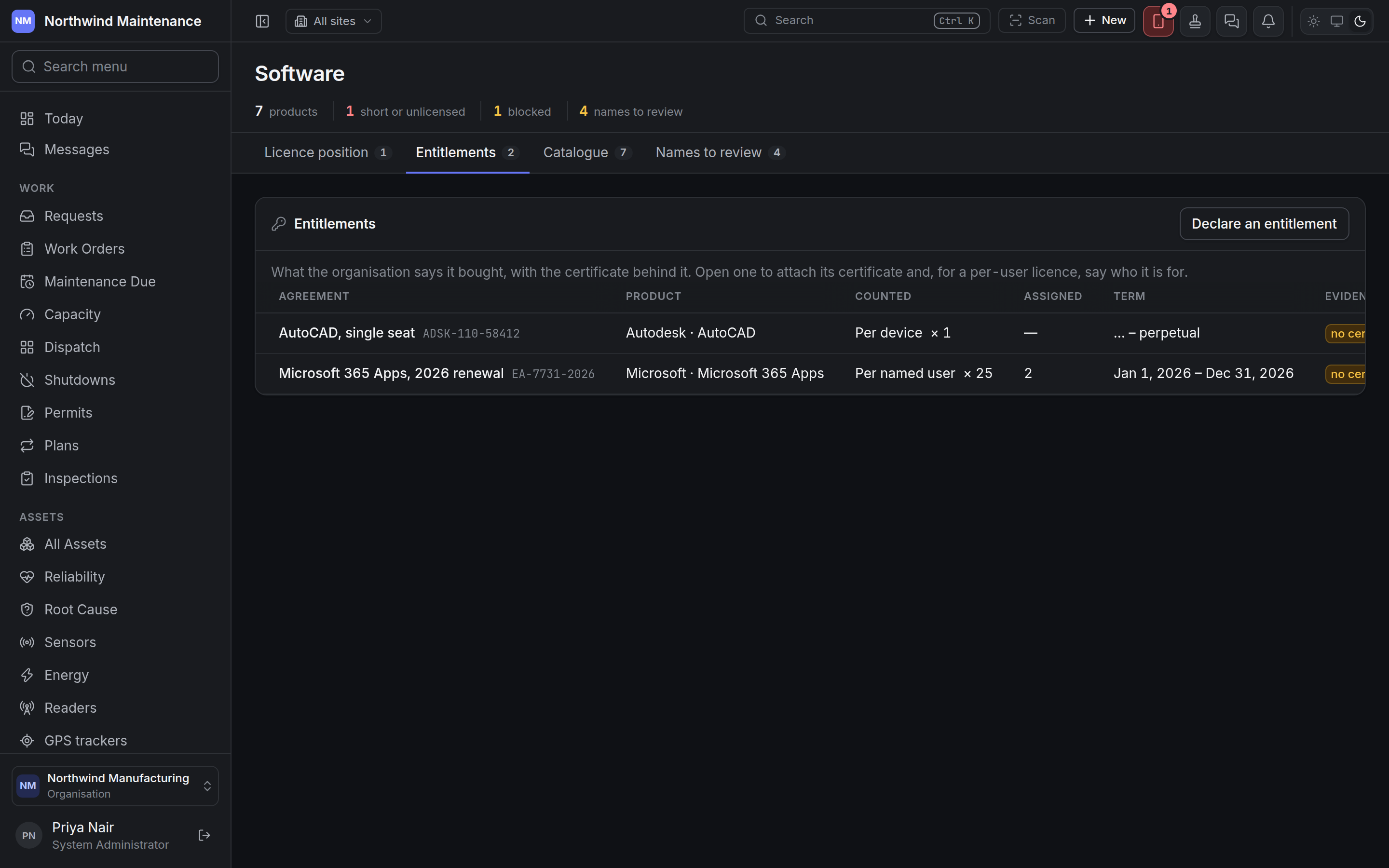 The Entitlements tab with a per-device and a per-user agreement