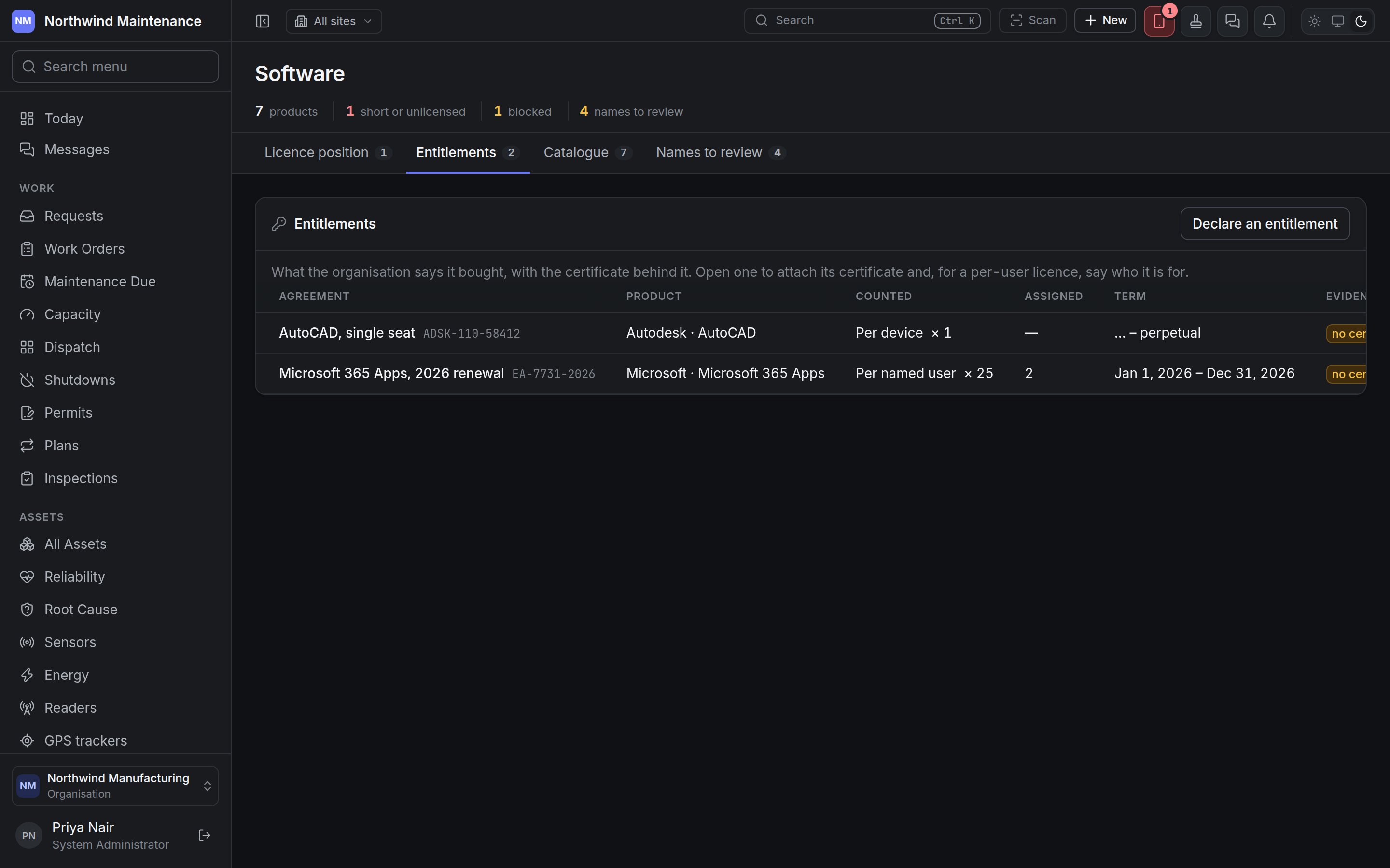 The Entitlements tab with a per-device and a per-user agreement