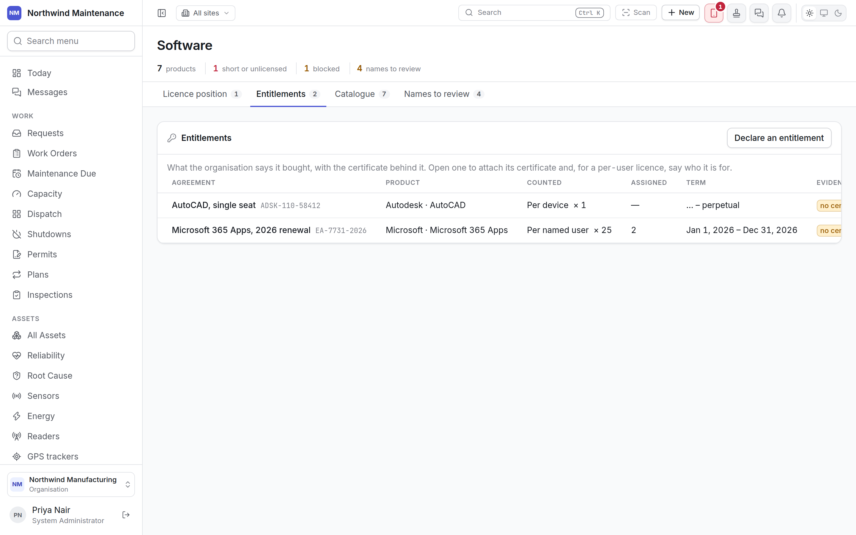 The Entitlements tab with a per-device and a per-user agreement