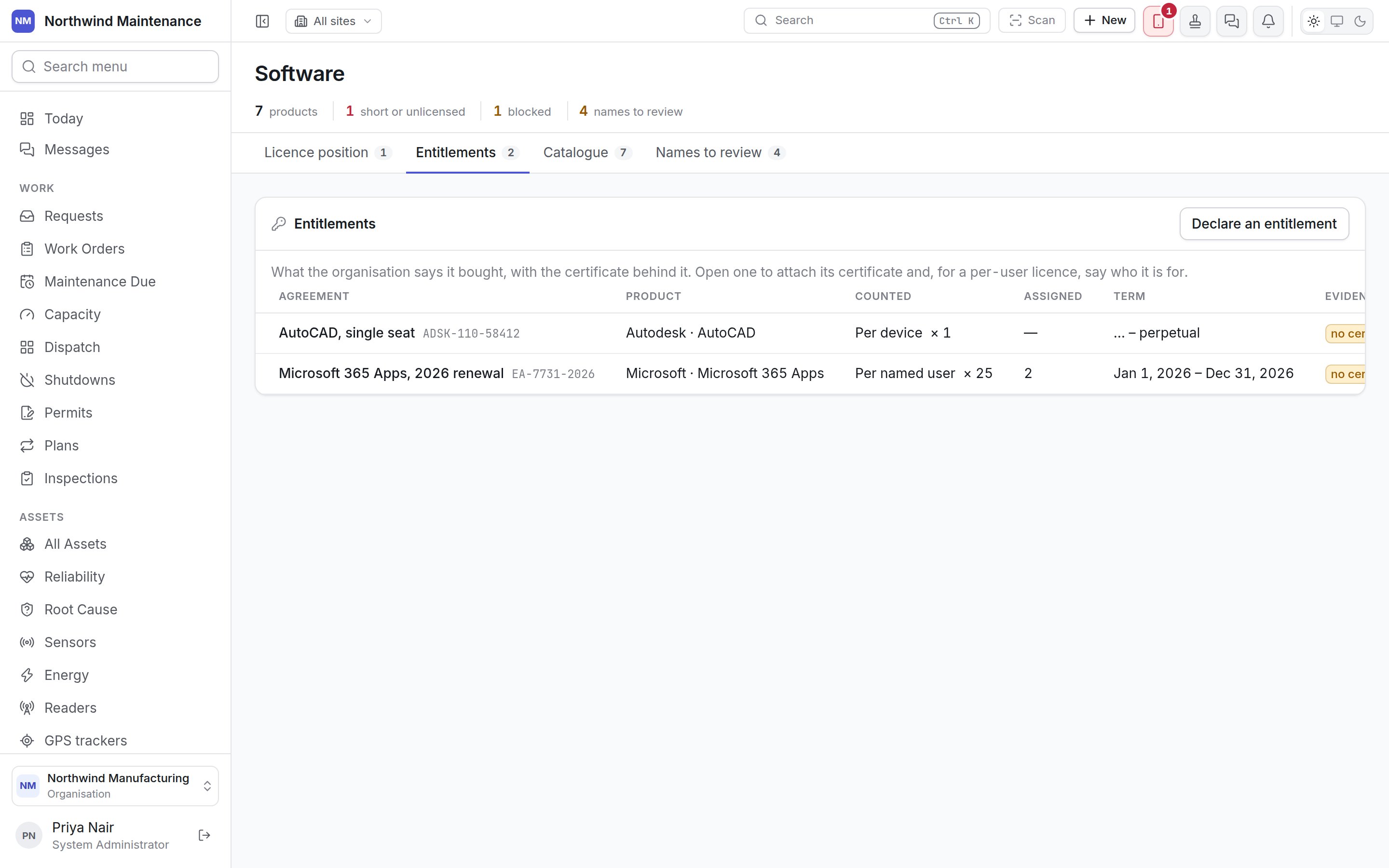 The Entitlements tab with a per-device and a per-user agreement