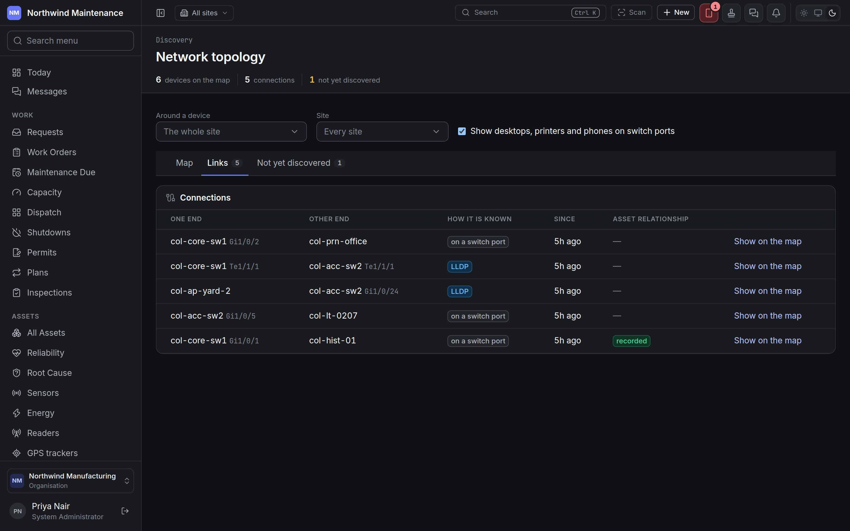The Links tab listing each connection
