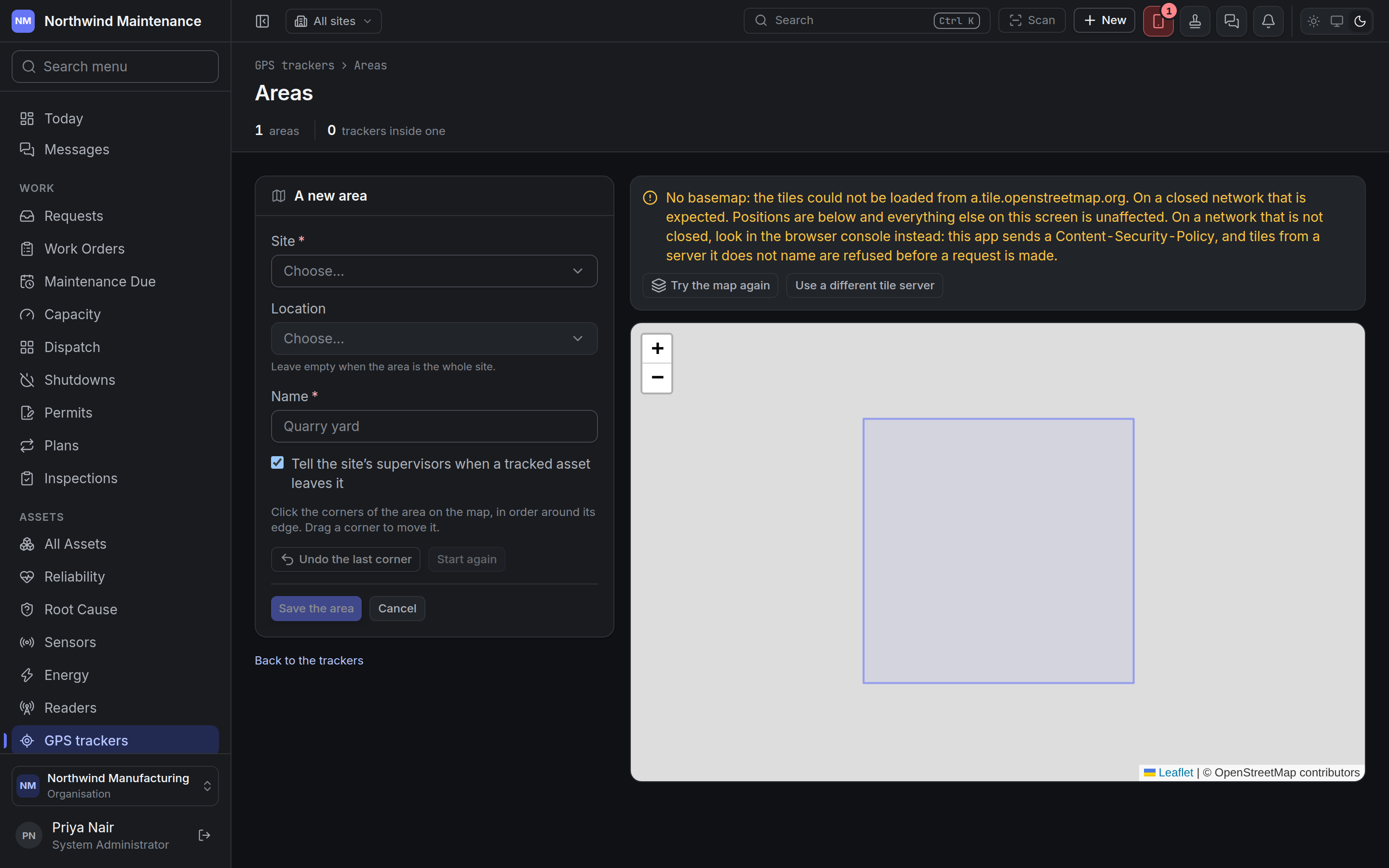 Drawing a new area: site, location, name and the map