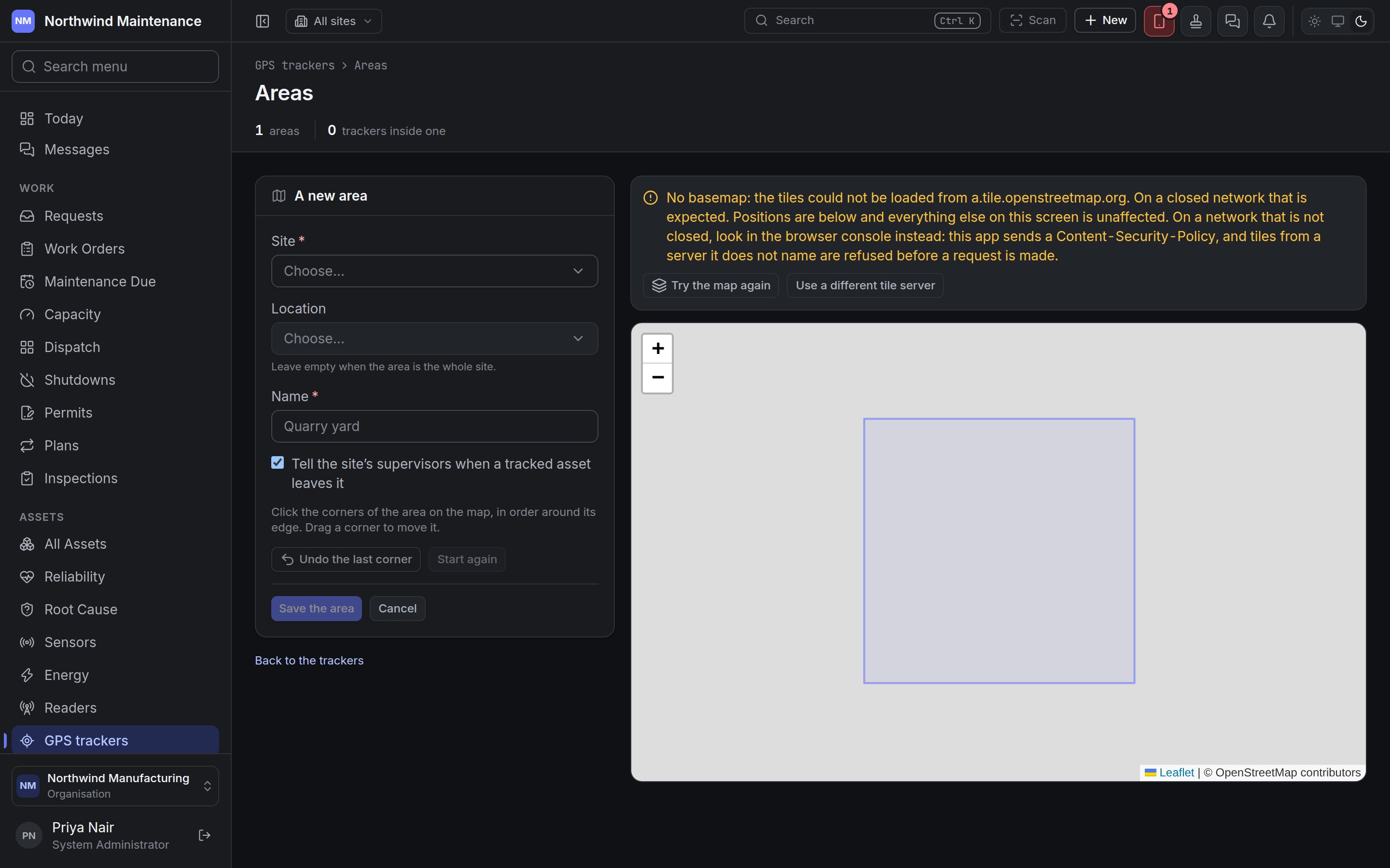 Drawing a new area: site, location, name and the map