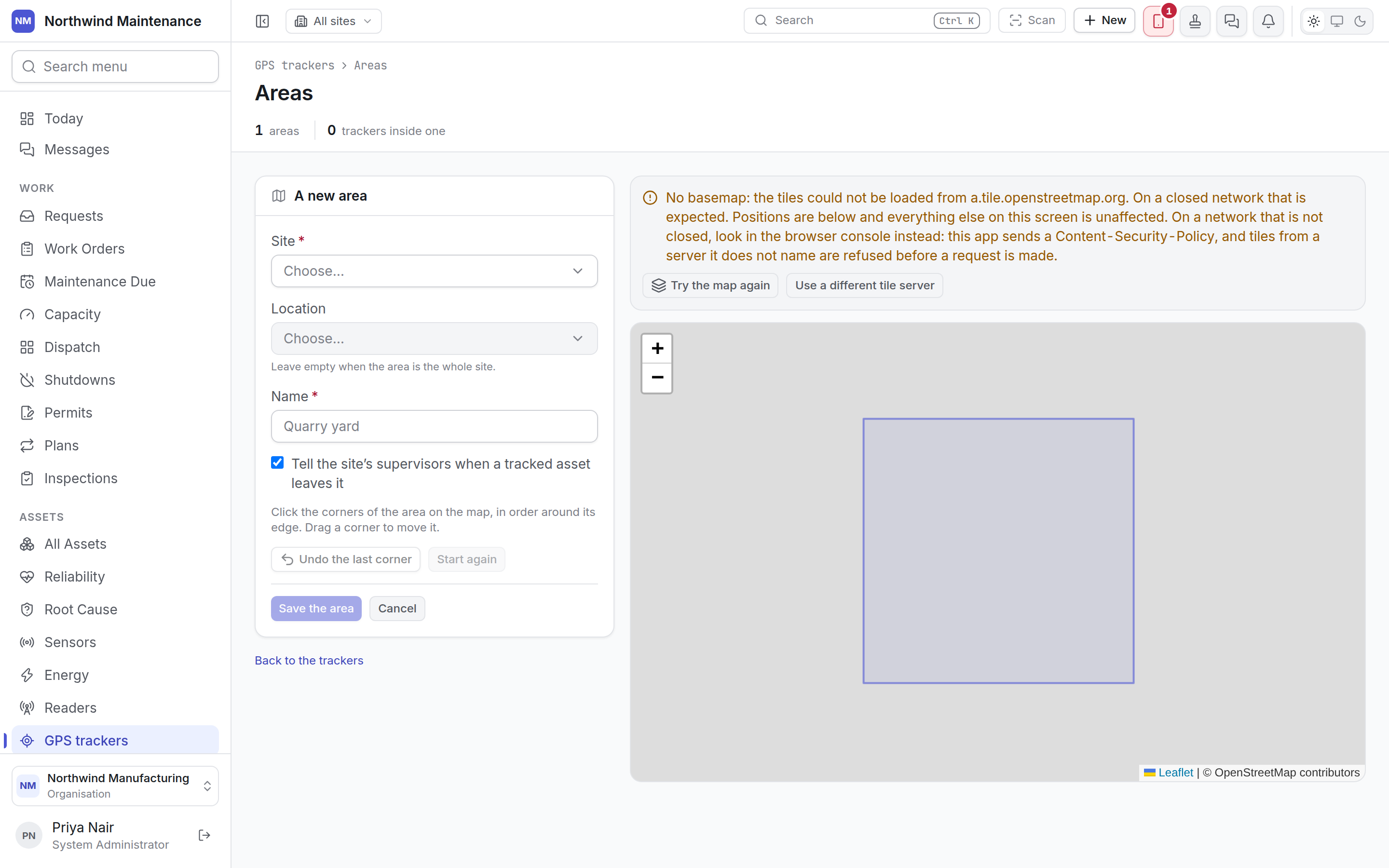 Drawing a new area: site, location, name and the map