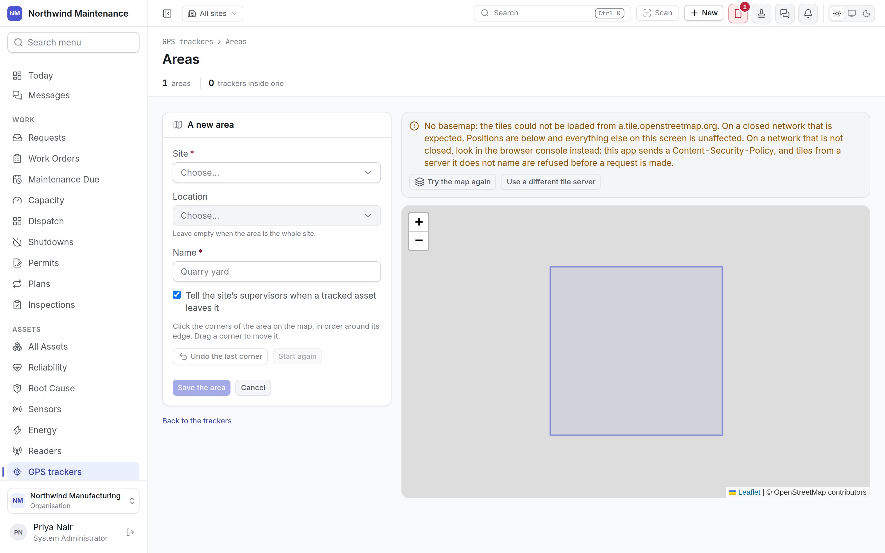 Drawing a new area: site, location, name and the map
