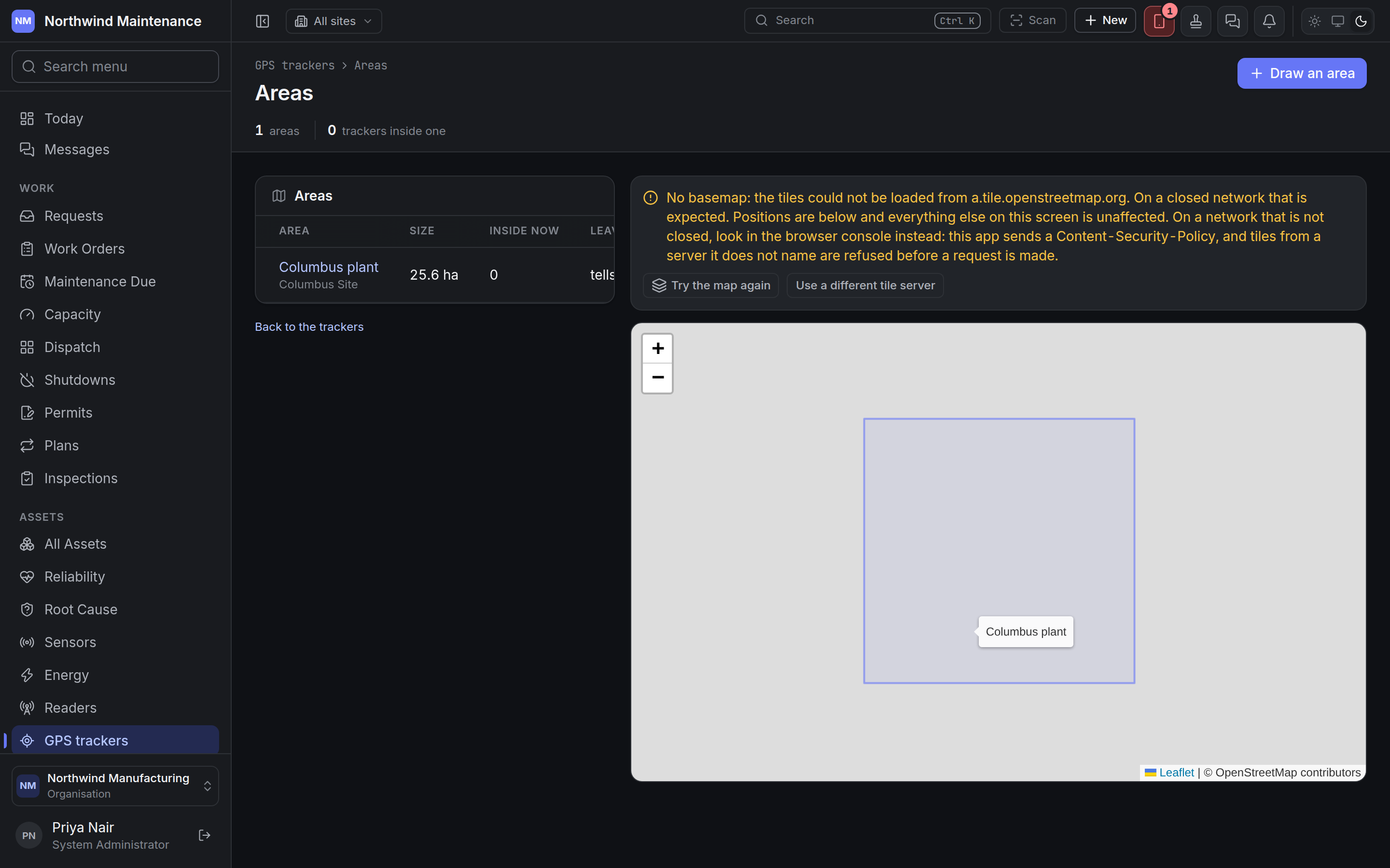 The Areas screen with one area drawn around a site
