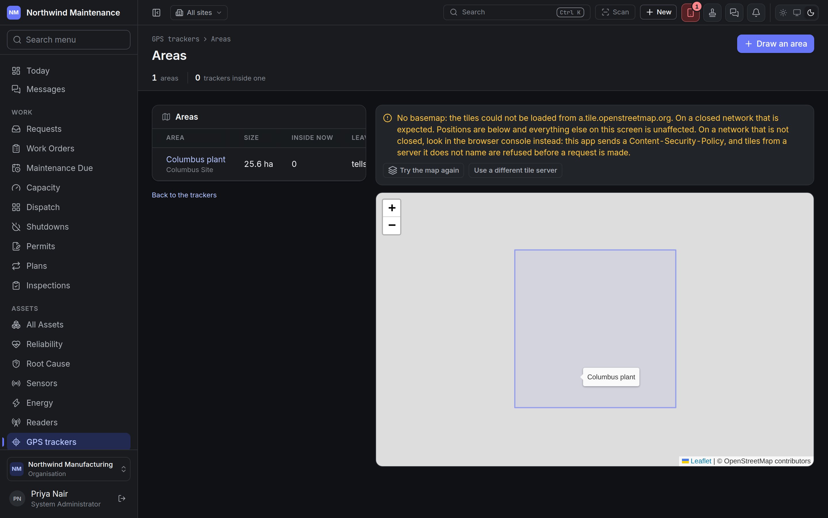 The Areas screen with one area drawn around a site