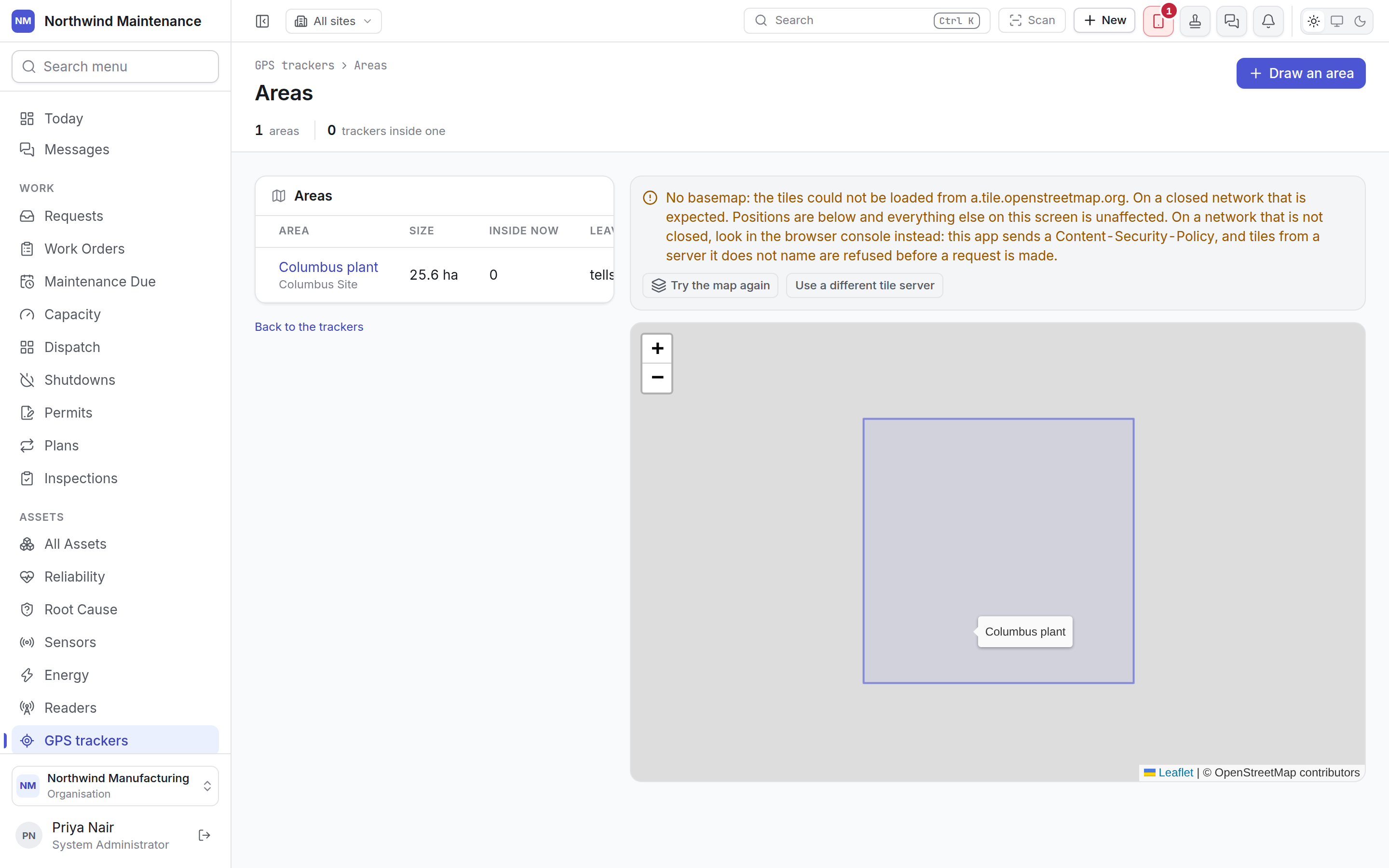 The Areas screen with one area drawn around a site