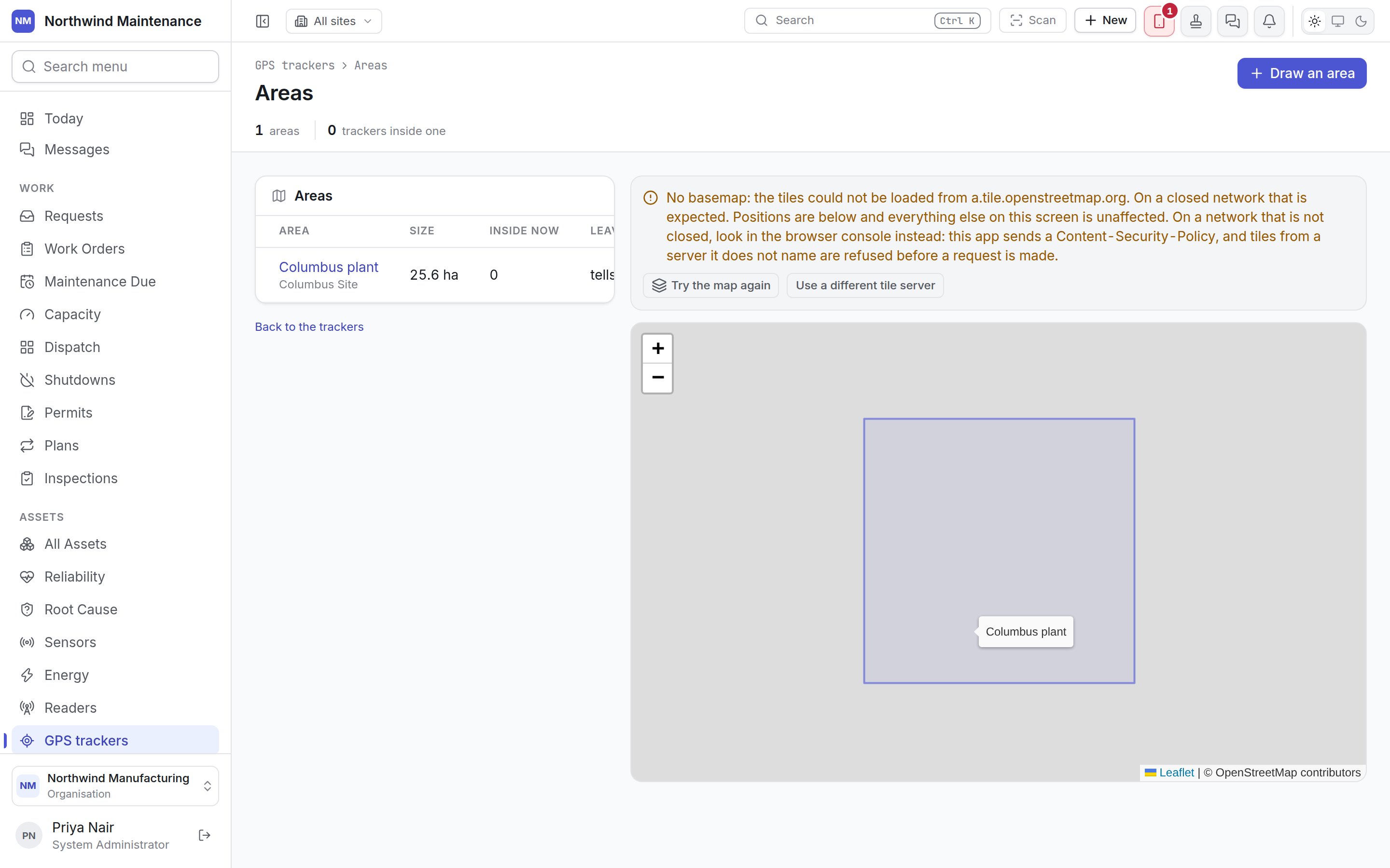 The Areas screen with one area drawn around a site