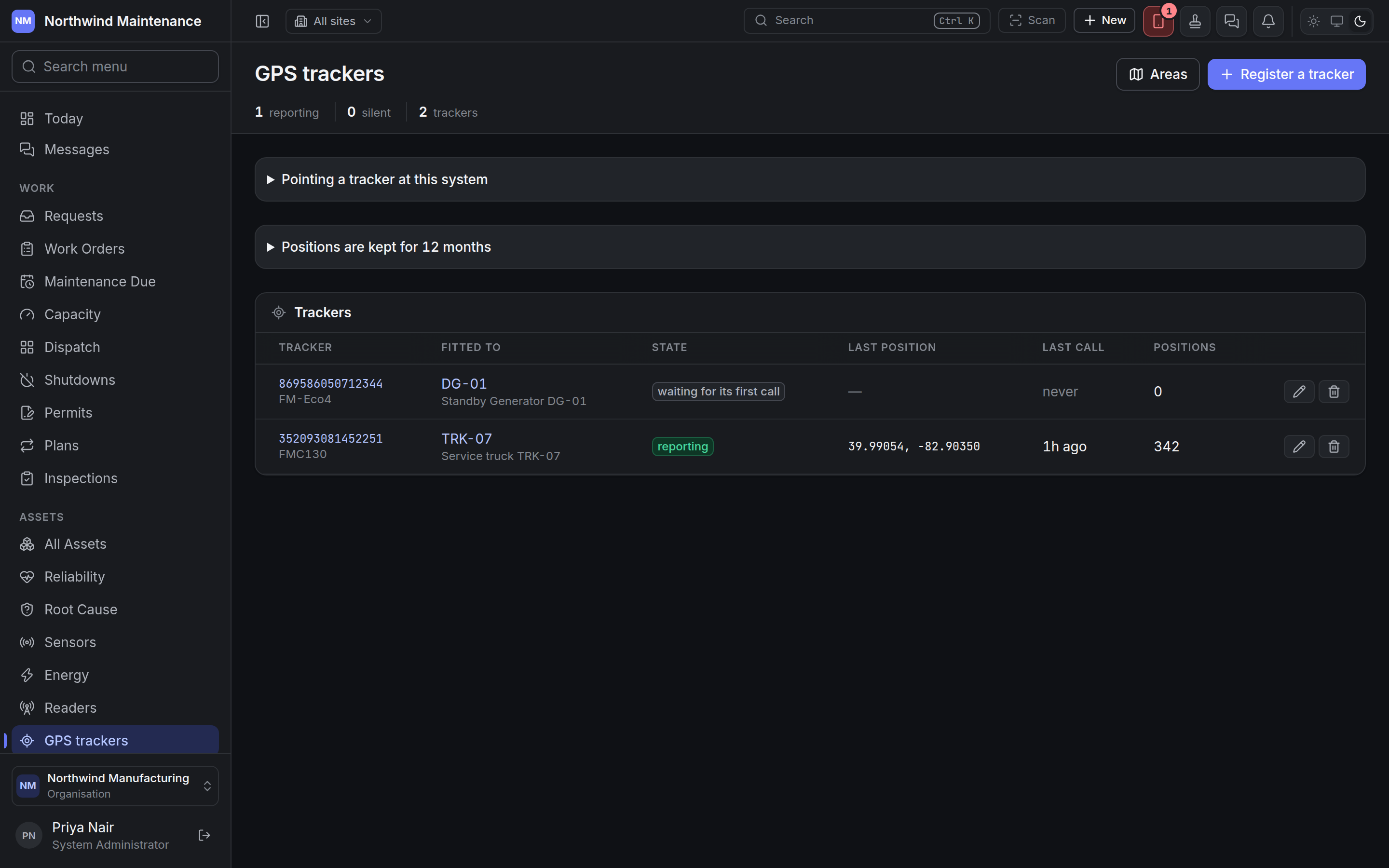 The GPS trackers list with one tracker reporting and one waiting for its first call
