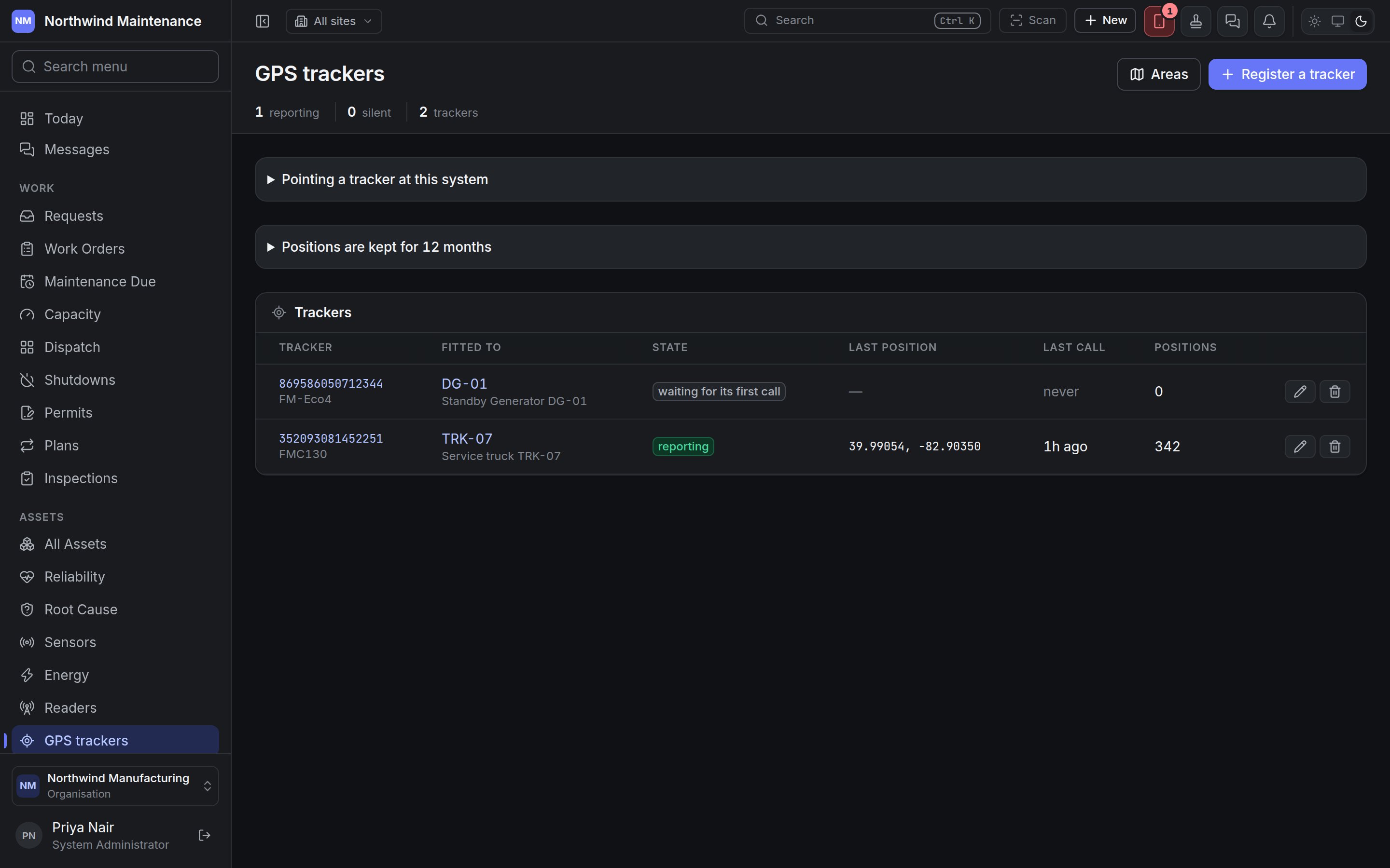 The GPS trackers list with one tracker reporting and one waiting for its first call