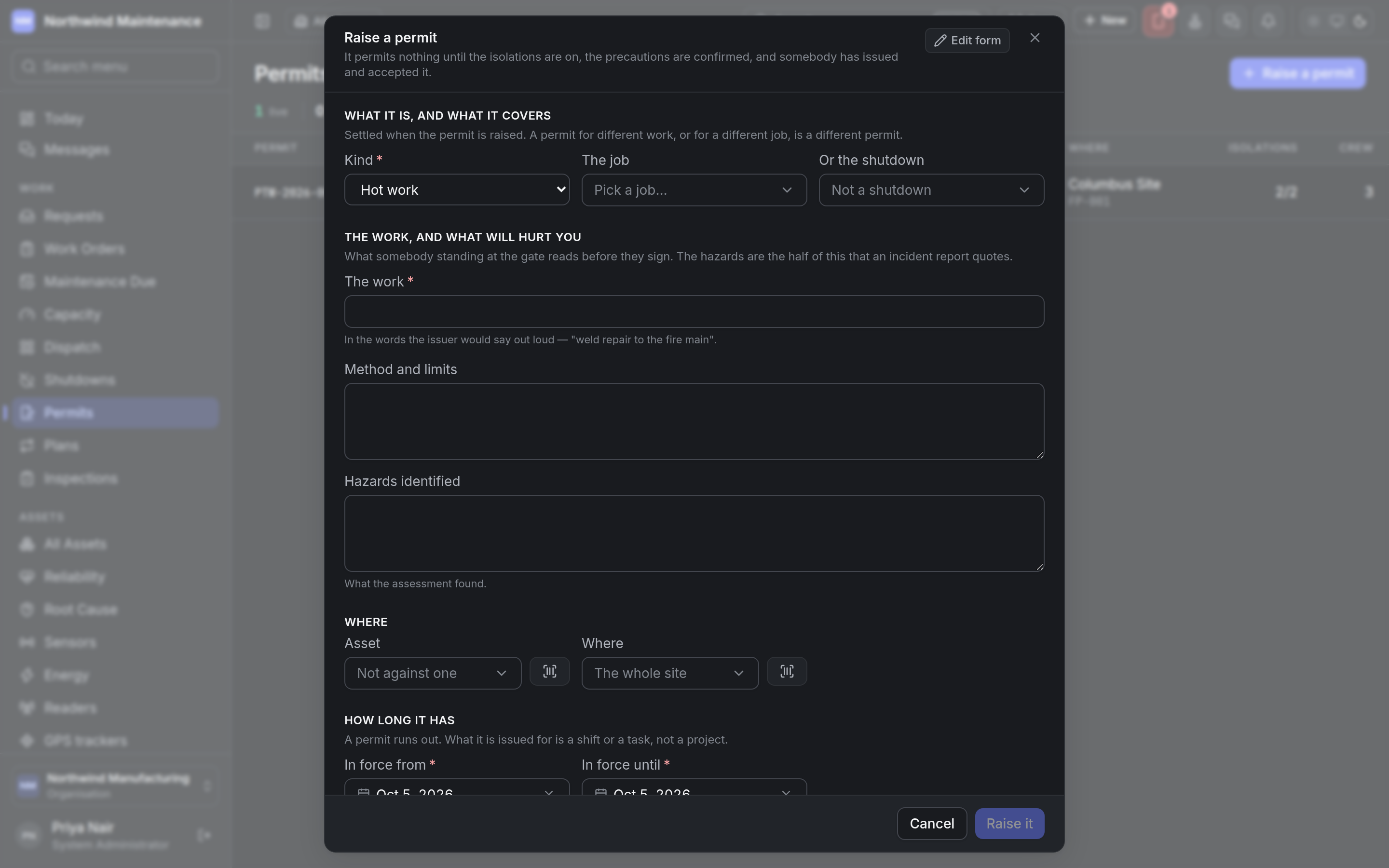 The Raise a permit form