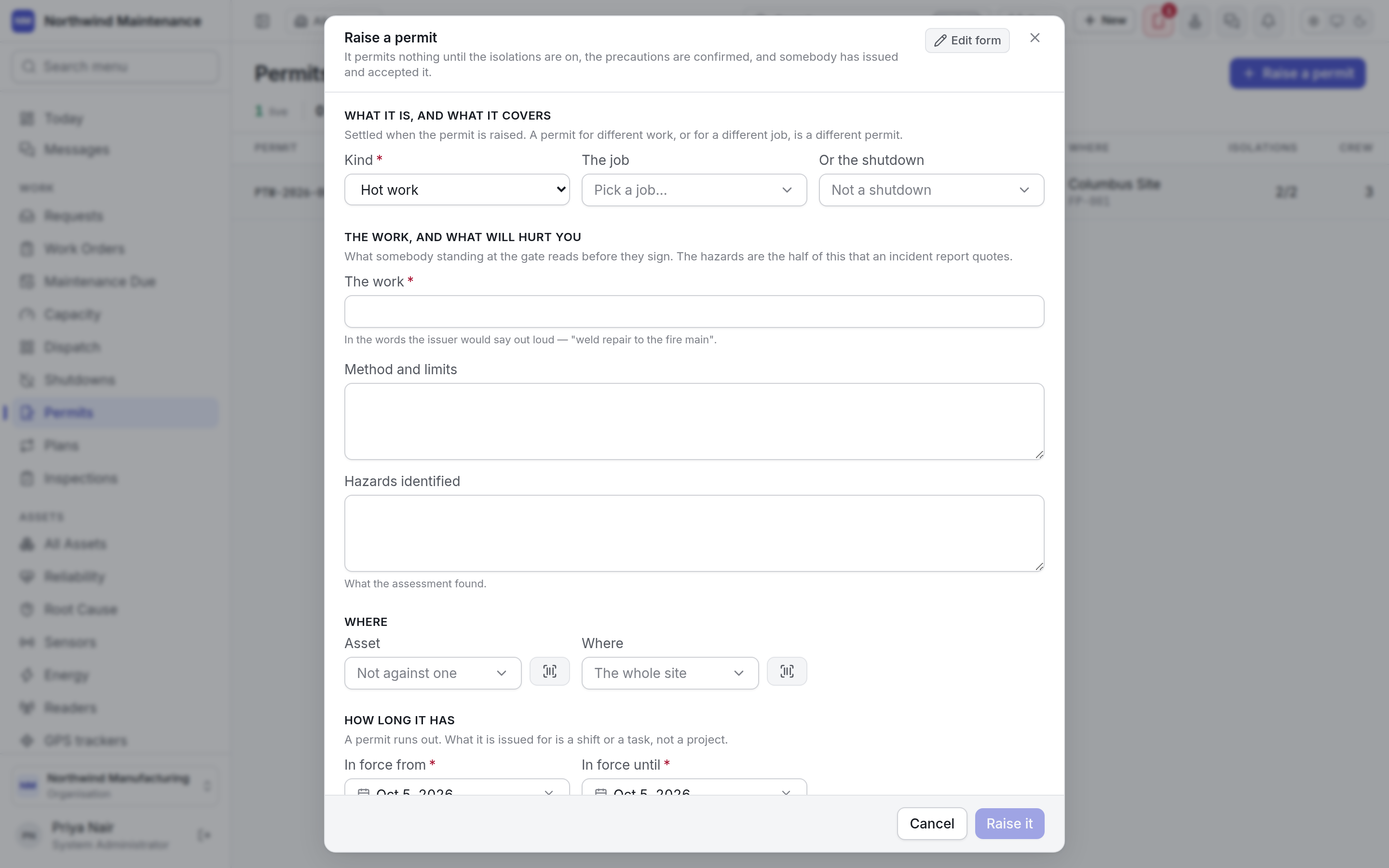 The Raise a permit form