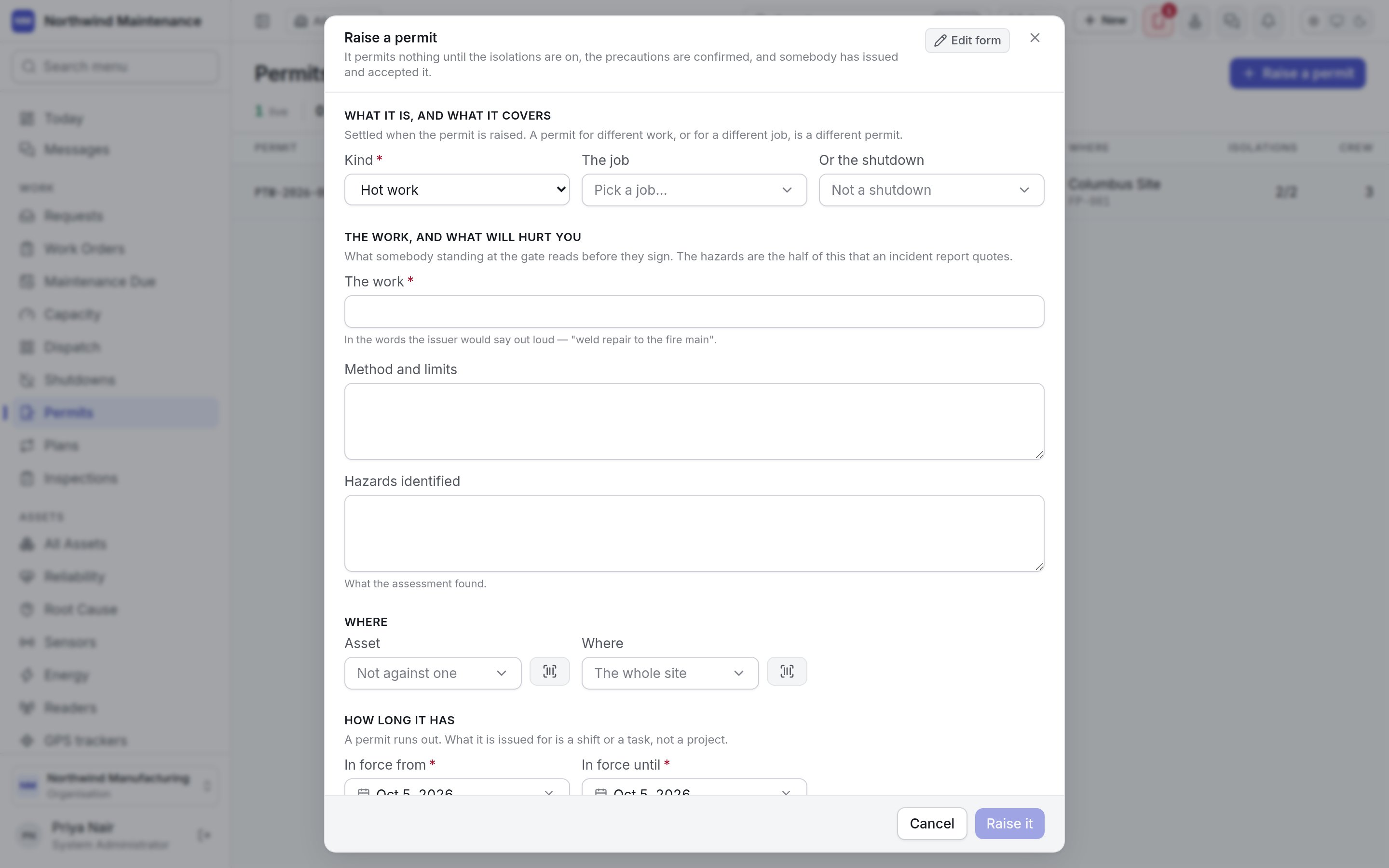 The Raise a permit form