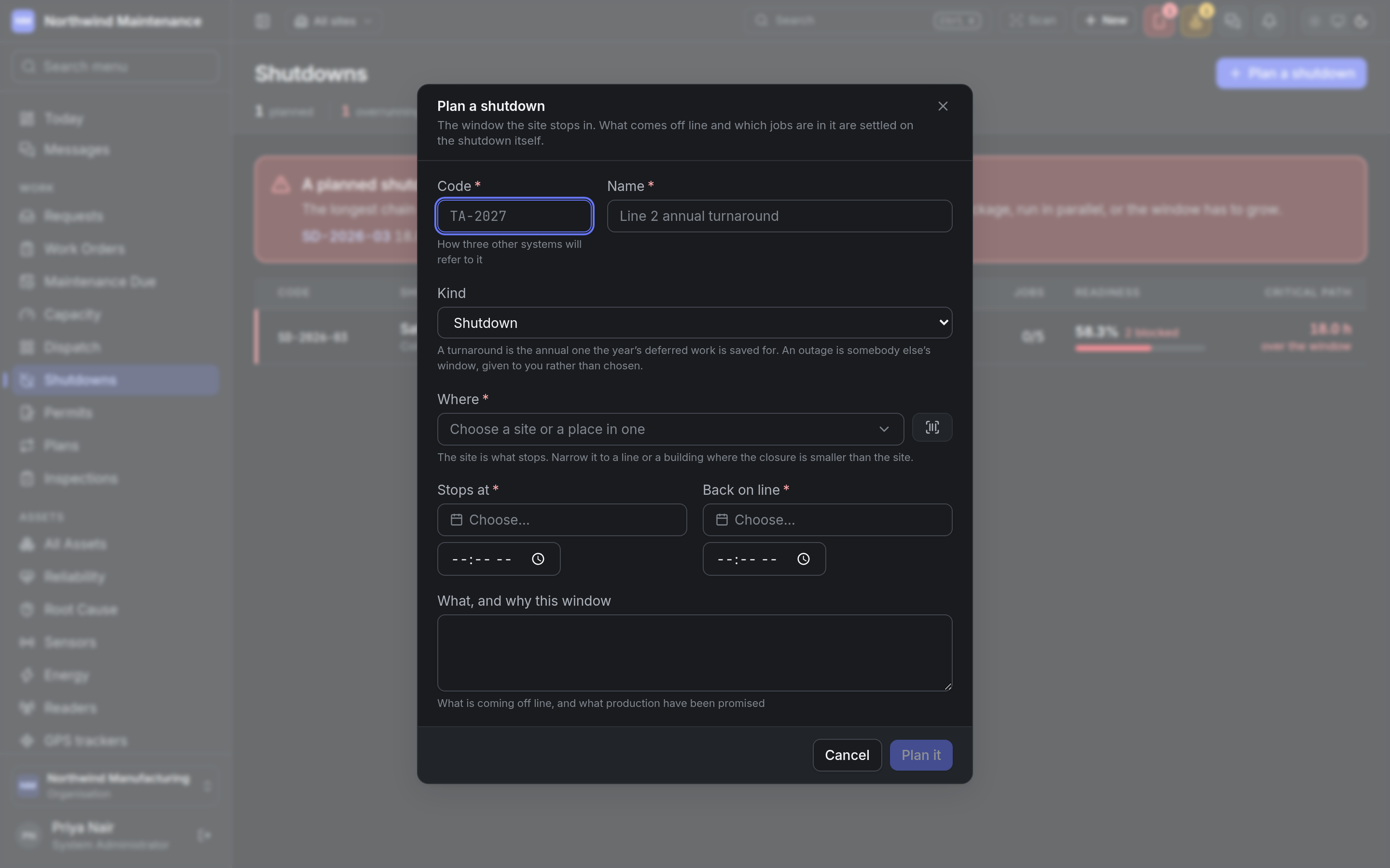 The Plan a shutdown form