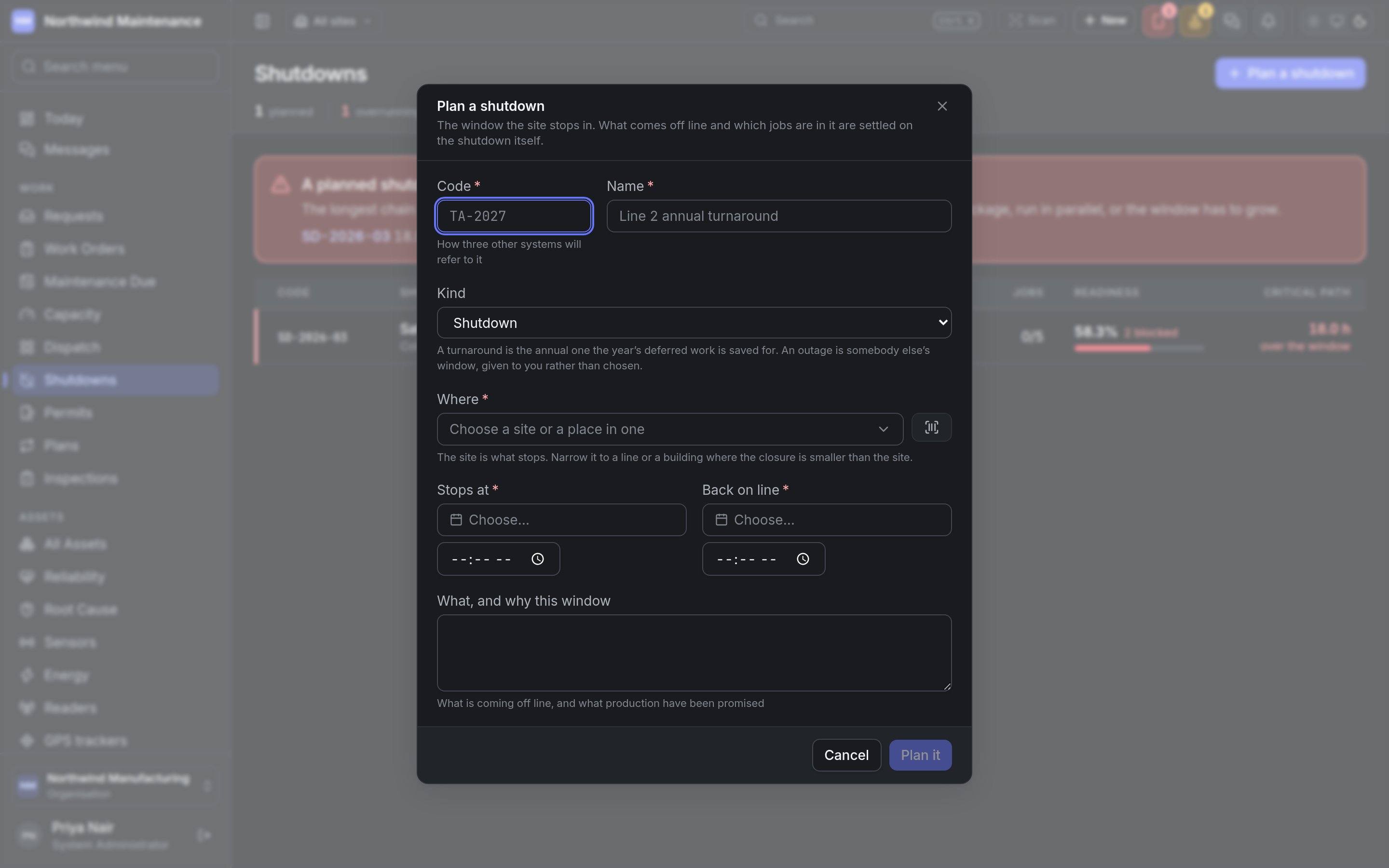 The Plan a shutdown form