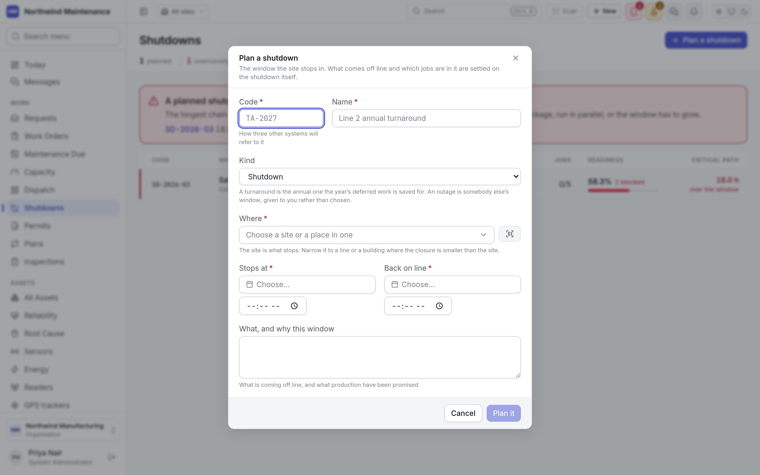 The Plan a shutdown form