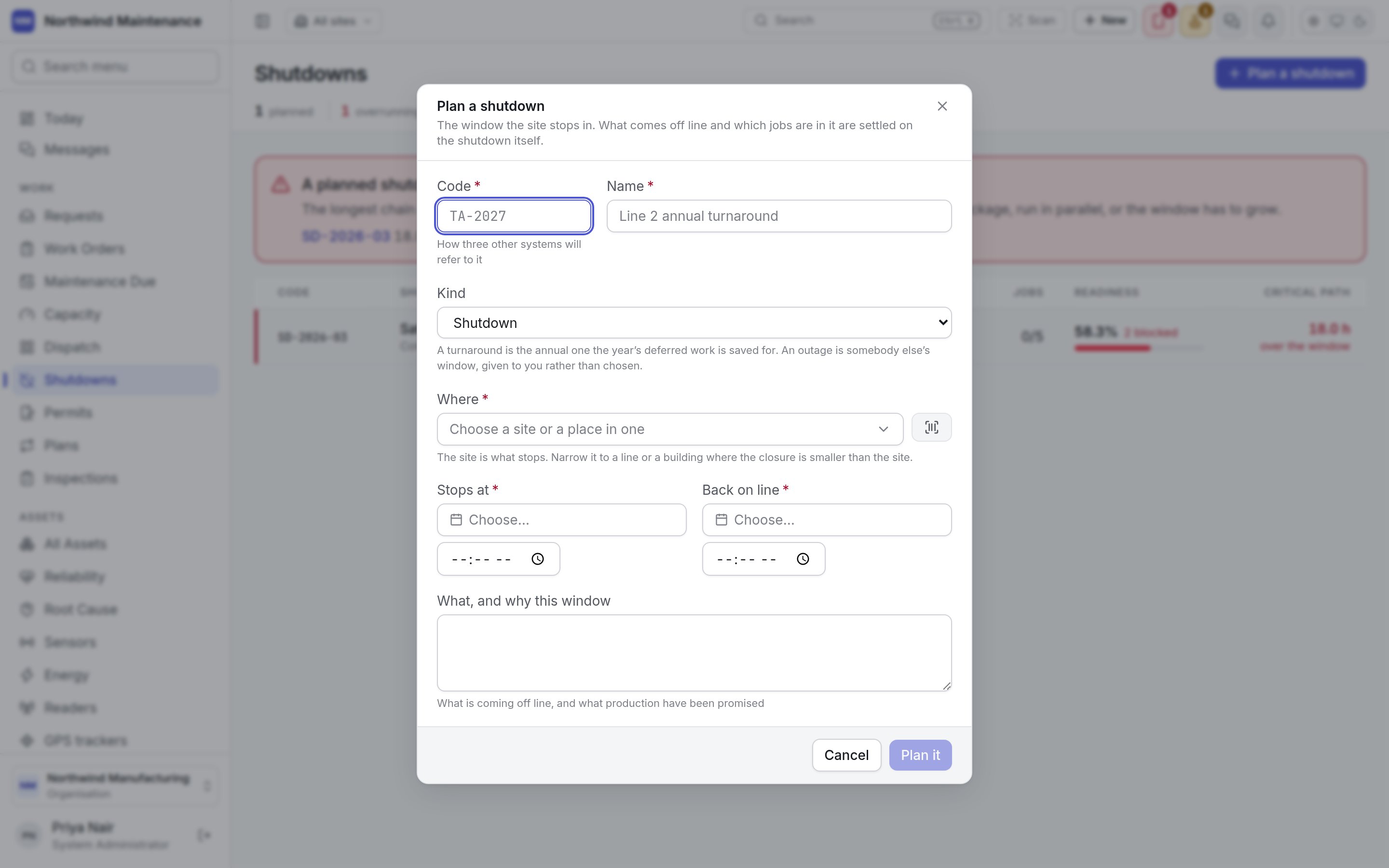 The Plan a shutdown form