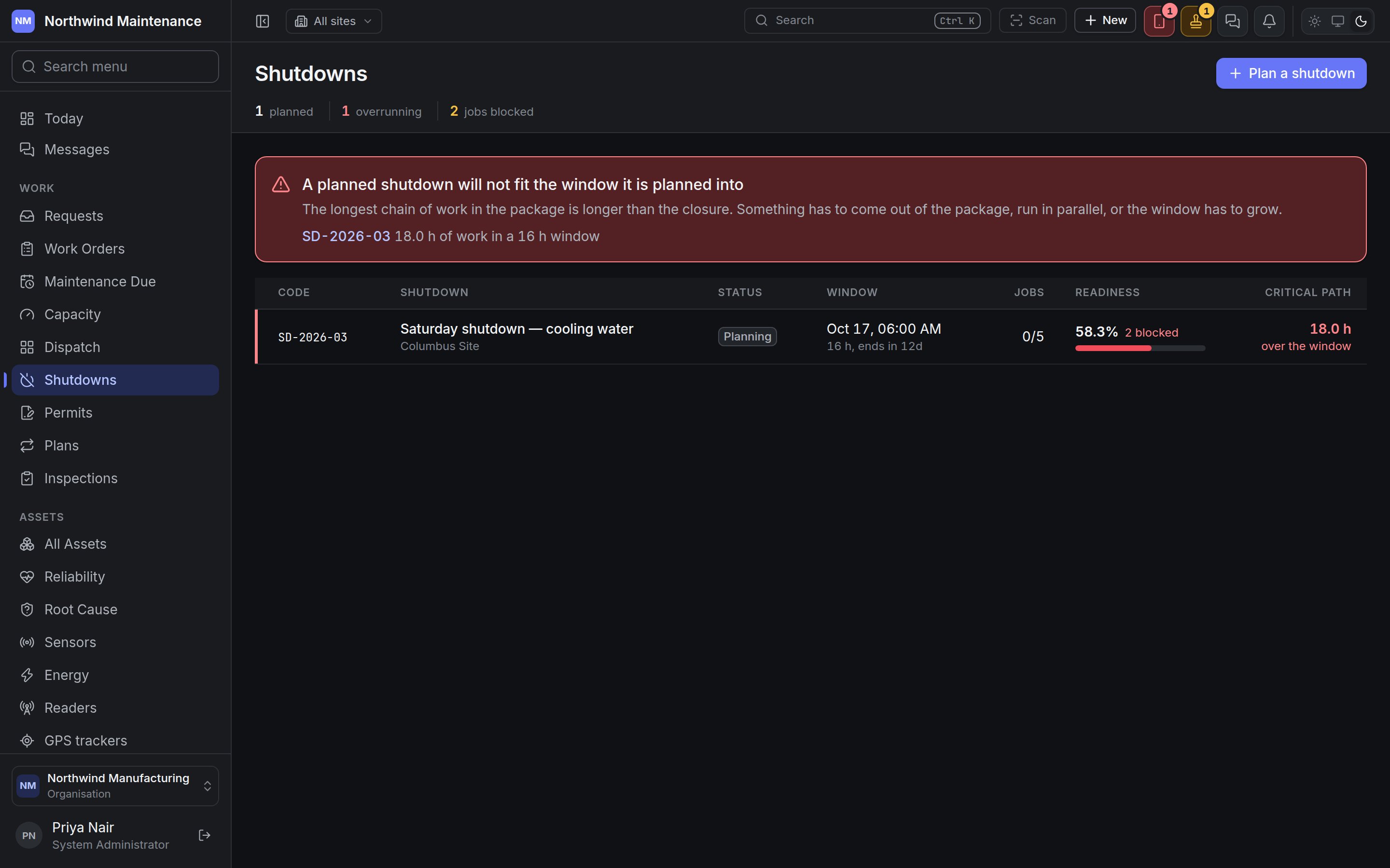 The shutdown register, warning that a planned shutdown will not fit its window