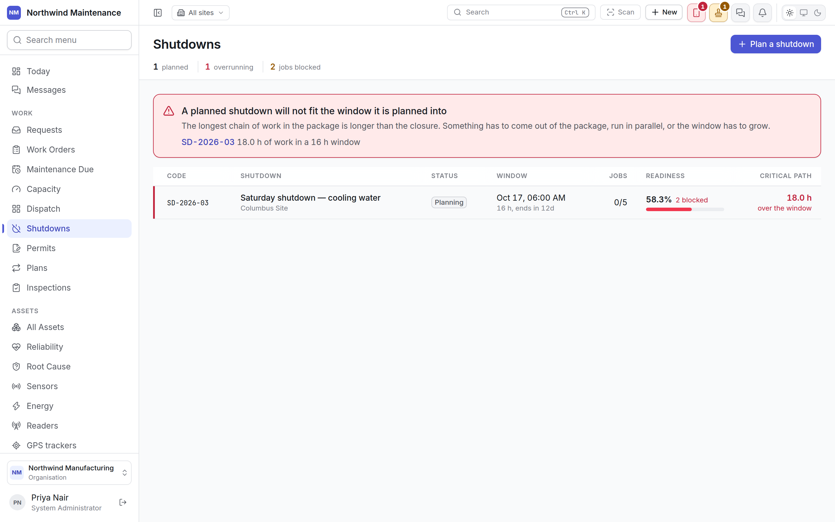 The shutdown register, warning that a planned shutdown will not fit its window