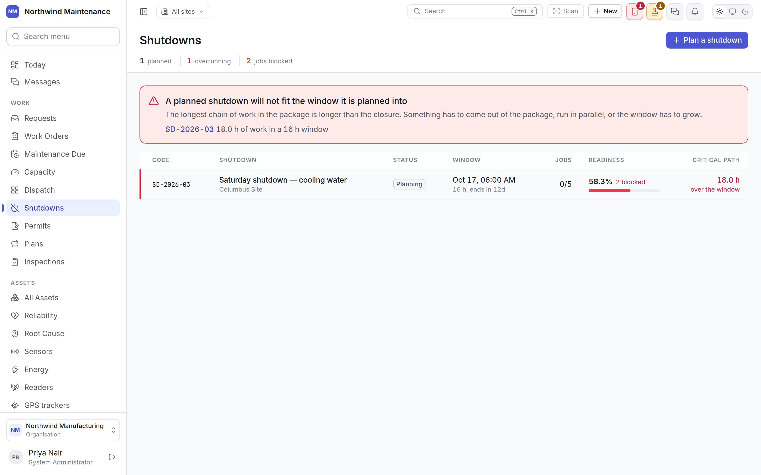 The shutdown register, warning that a planned shutdown will not fit its window