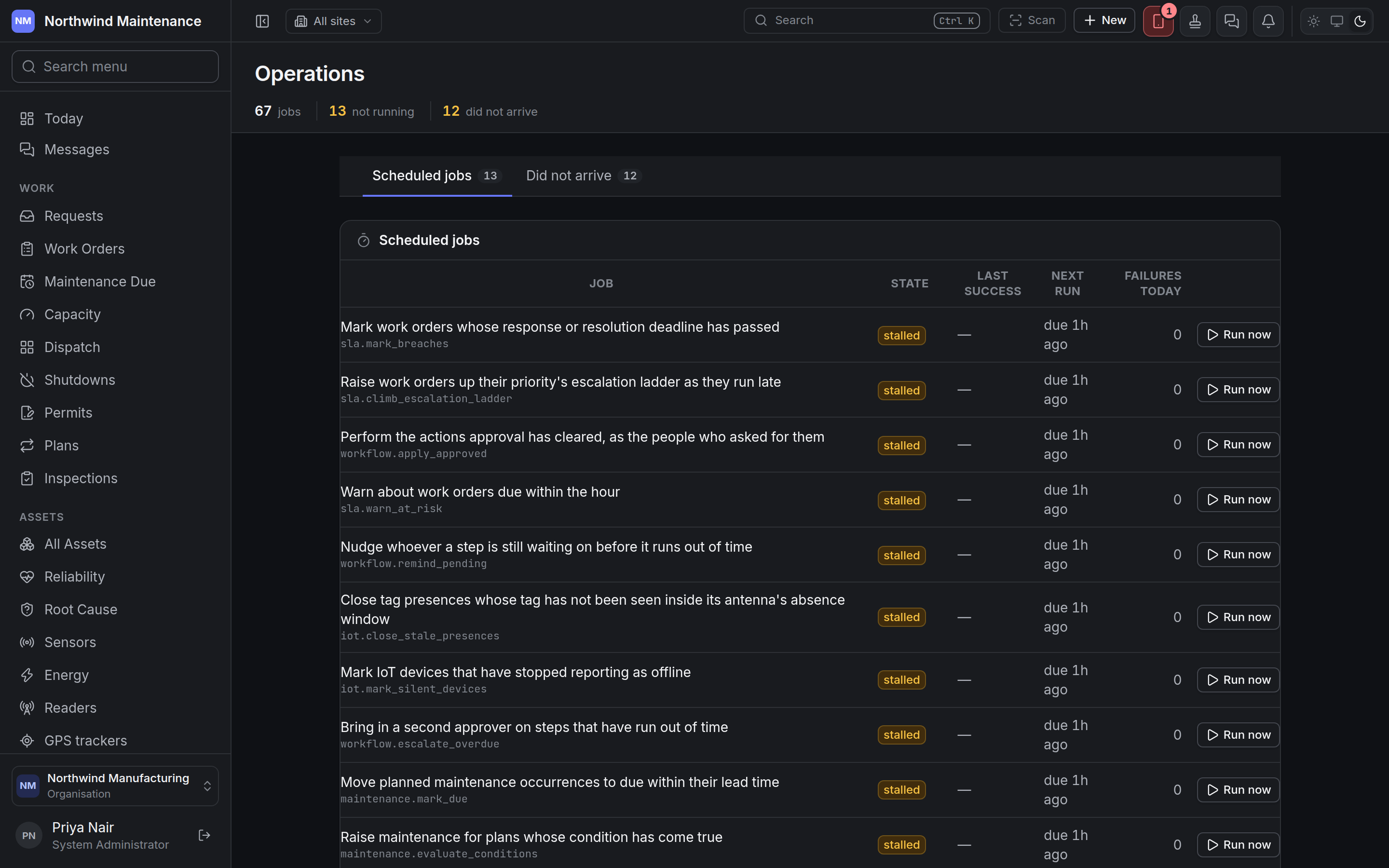 The Operations screen listing the scheduled jobs with their state and next run