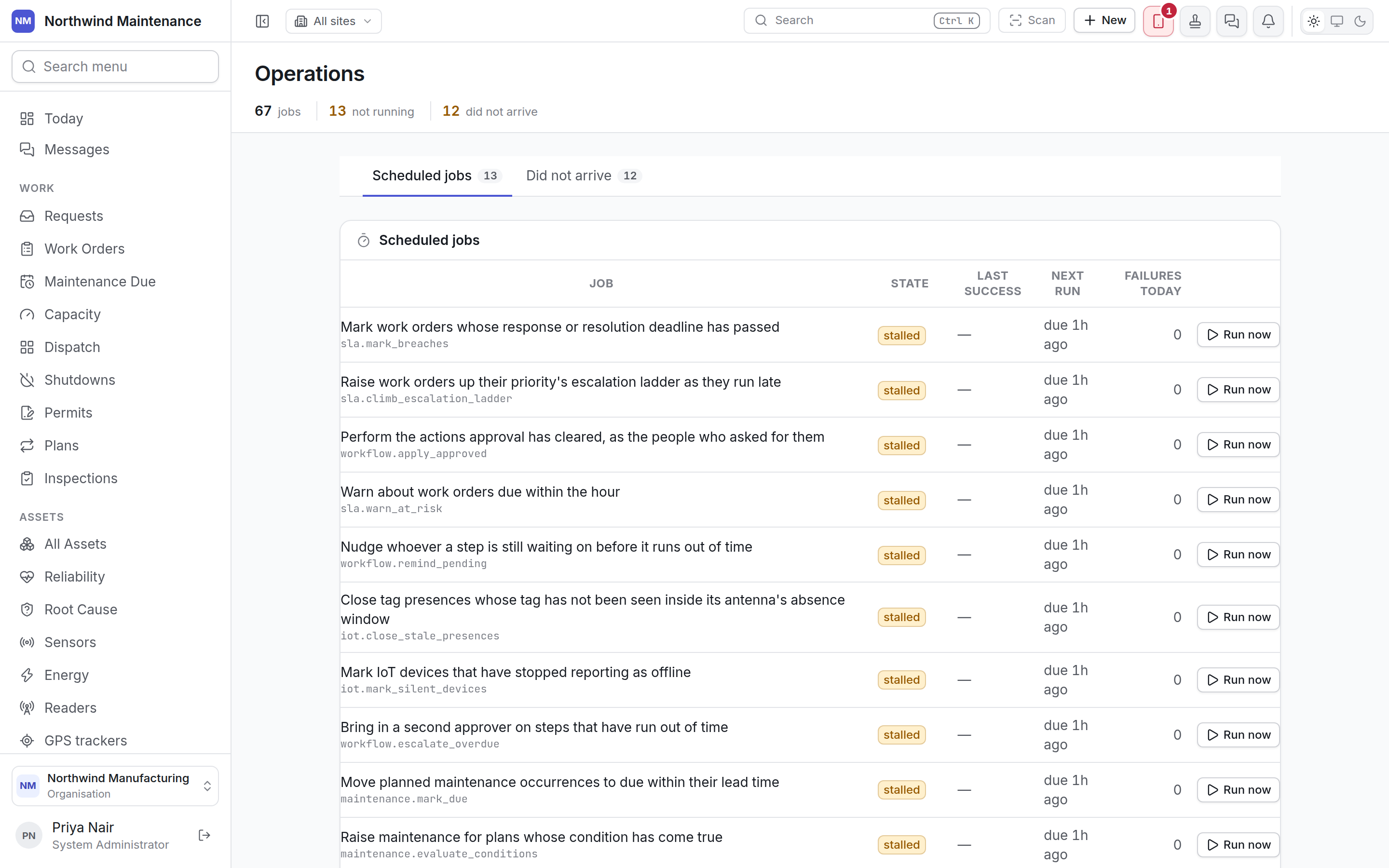 The Operations screen listing the scheduled jobs with their state and next run