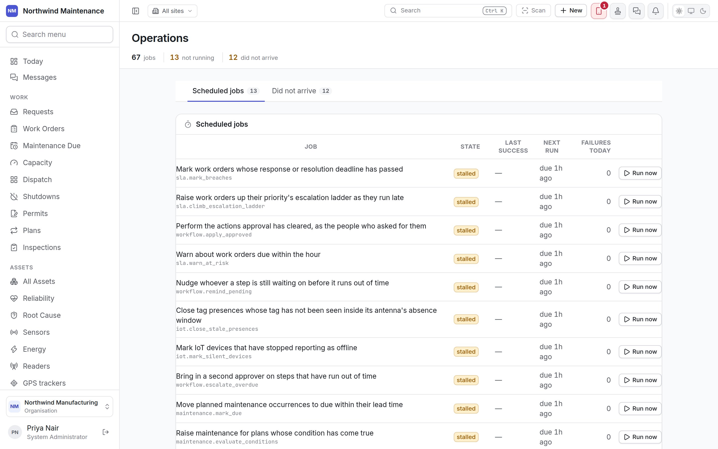 The Operations screen listing the scheduled jobs with their state and next run