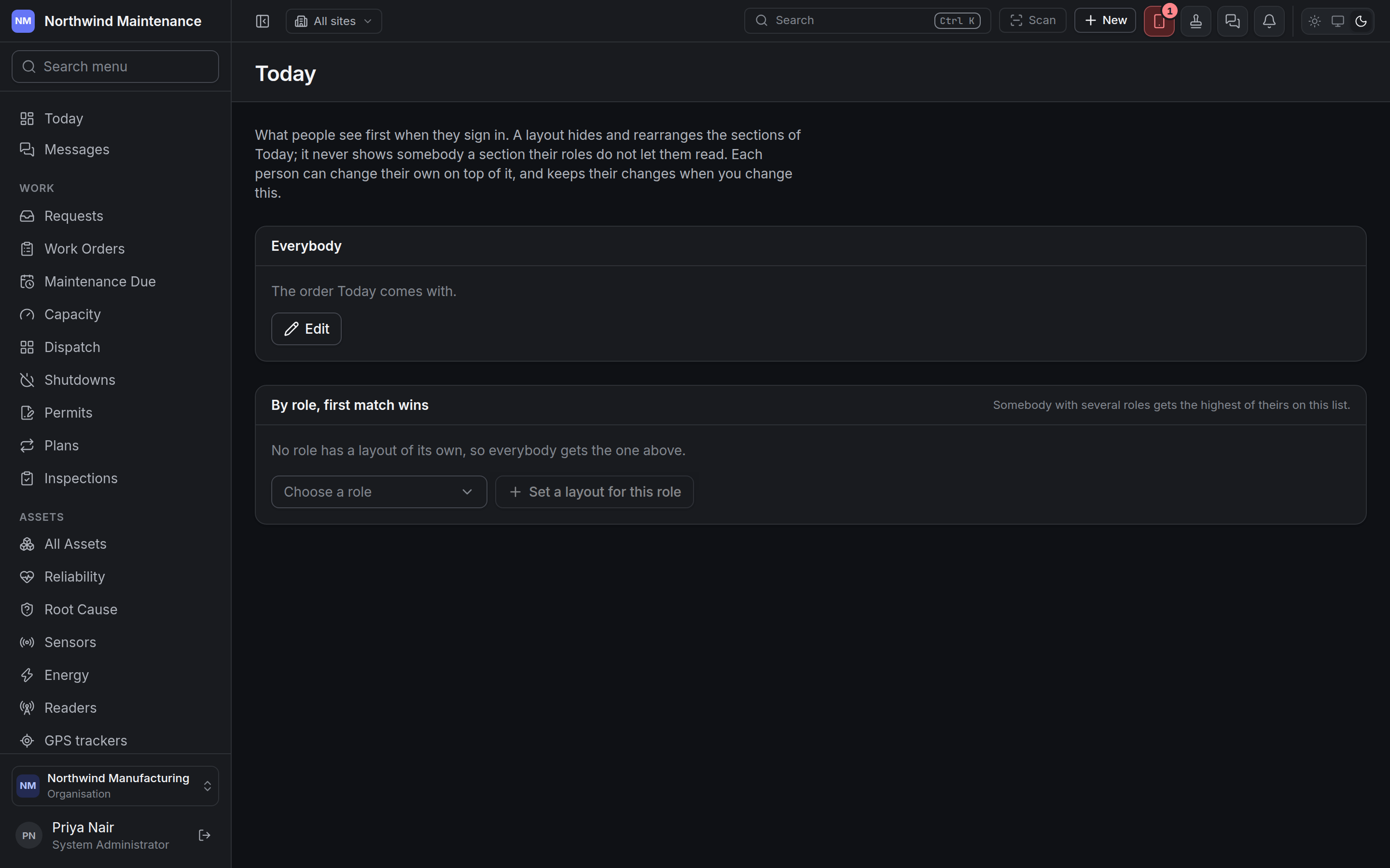 The Today layouts screen with the layout for everybody and the list of role layouts